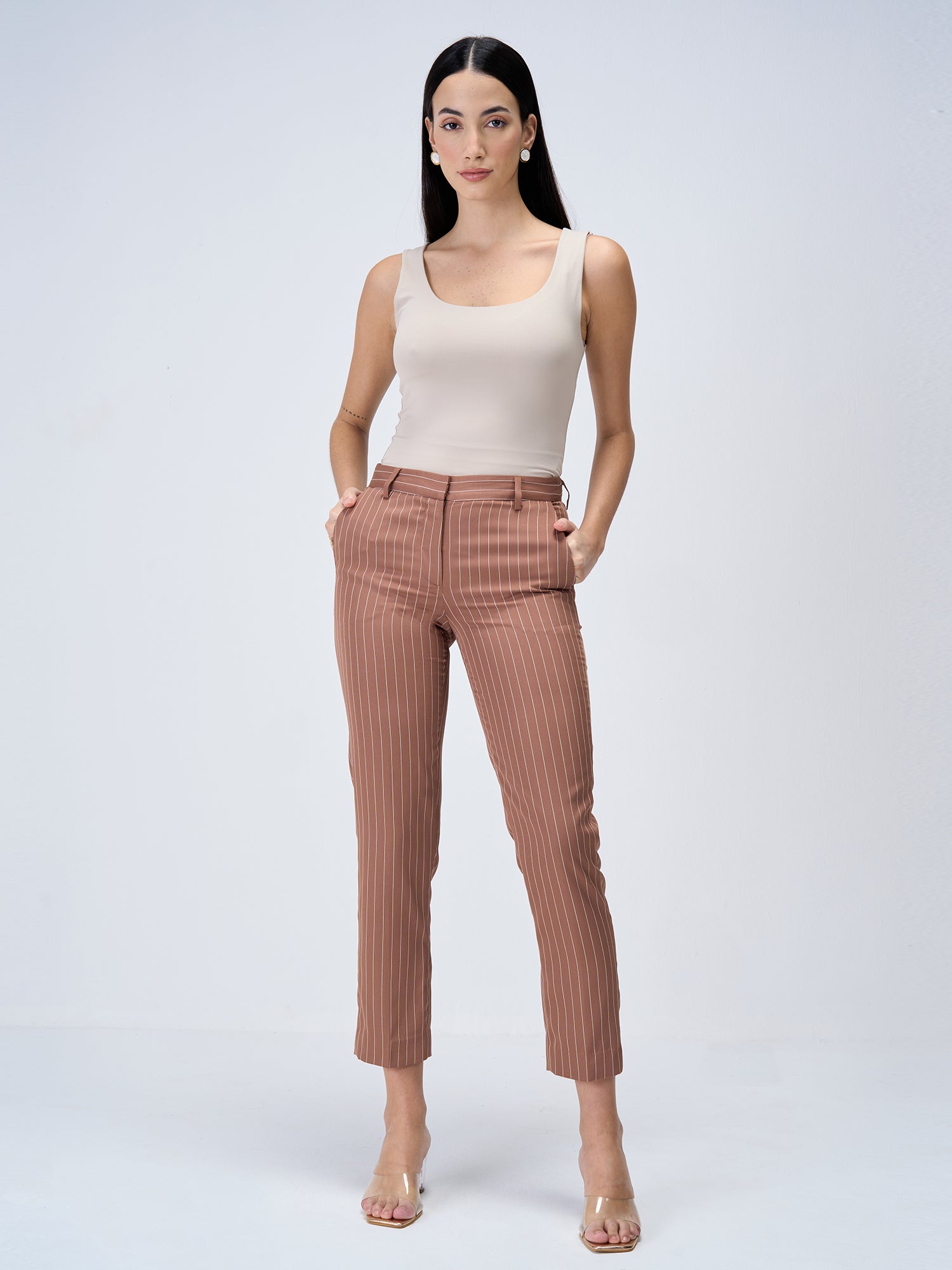 Earnest Striped Mid Rise Pants-Brown/White