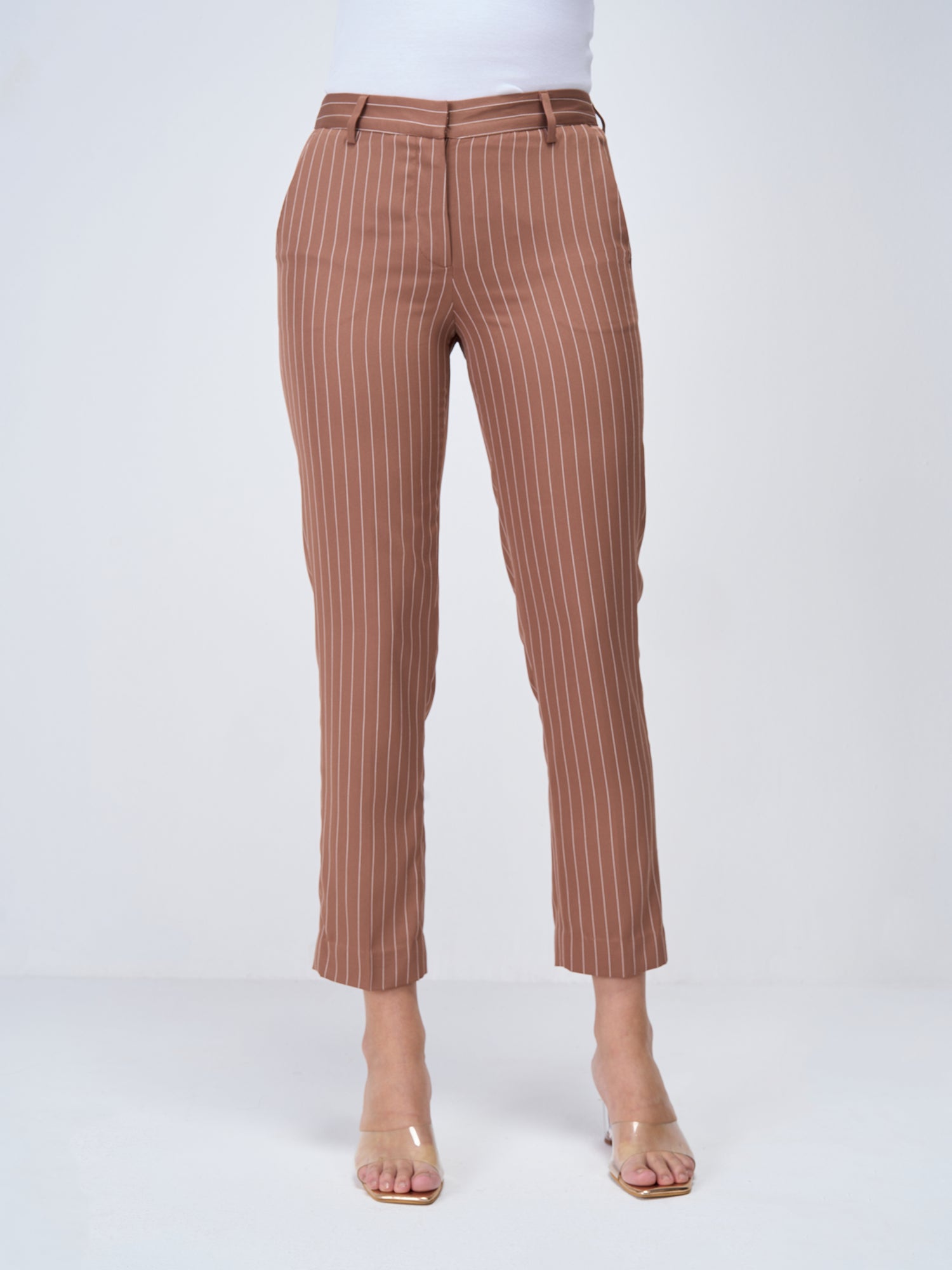 Earnest Striped Mid Rise Pants-Brown/White