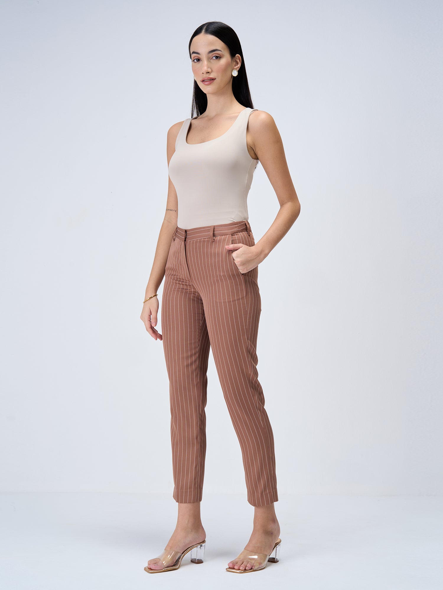 Earnest Striped Mid Rise Pants-Brown Stripe