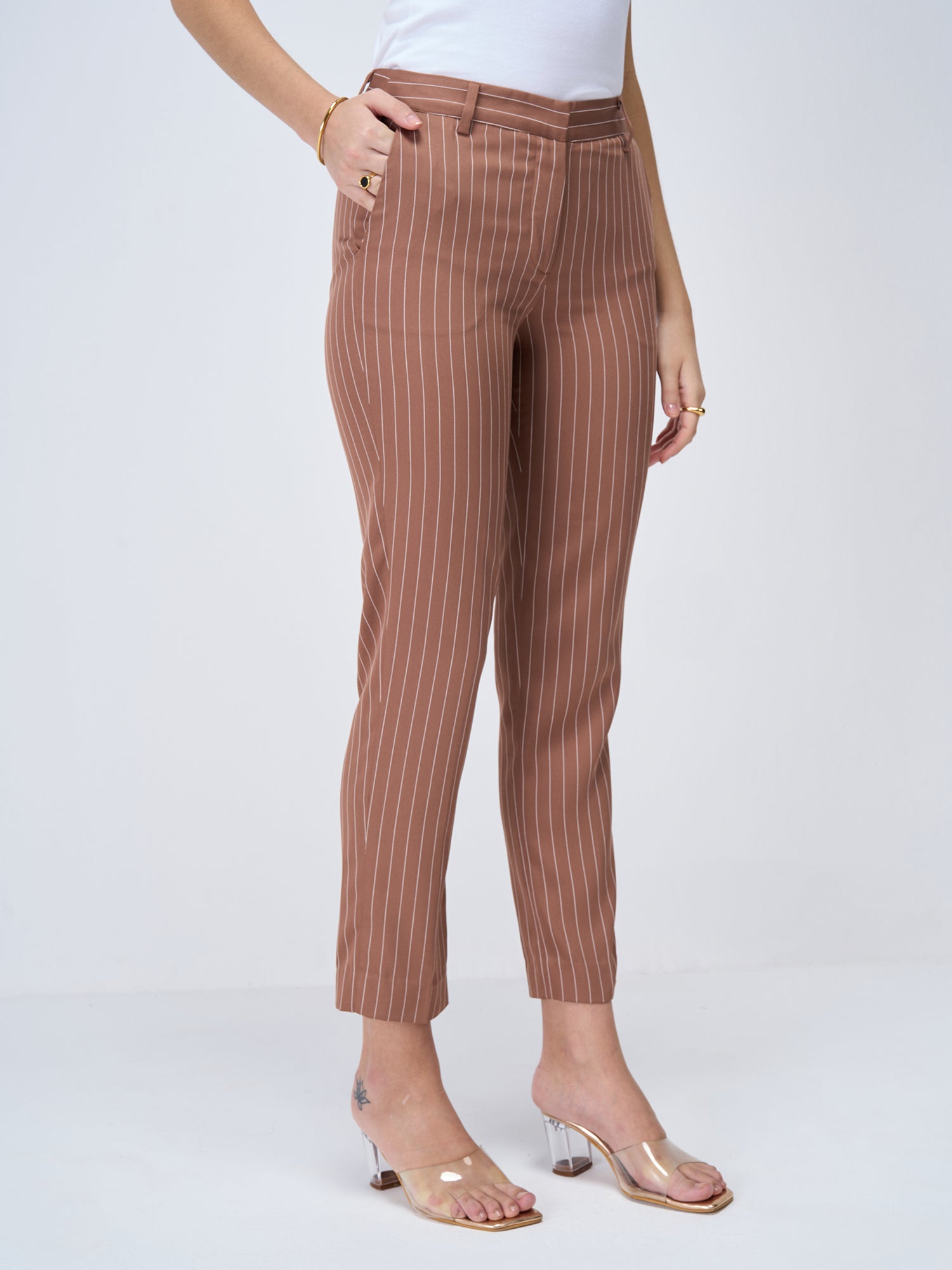 Earnest Striped Mid Rise Pants-Brown/White