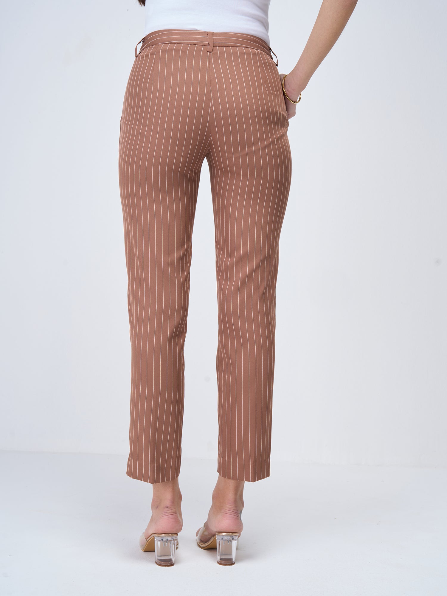 Earnest Striped Mid Rise Pants-Brown/White