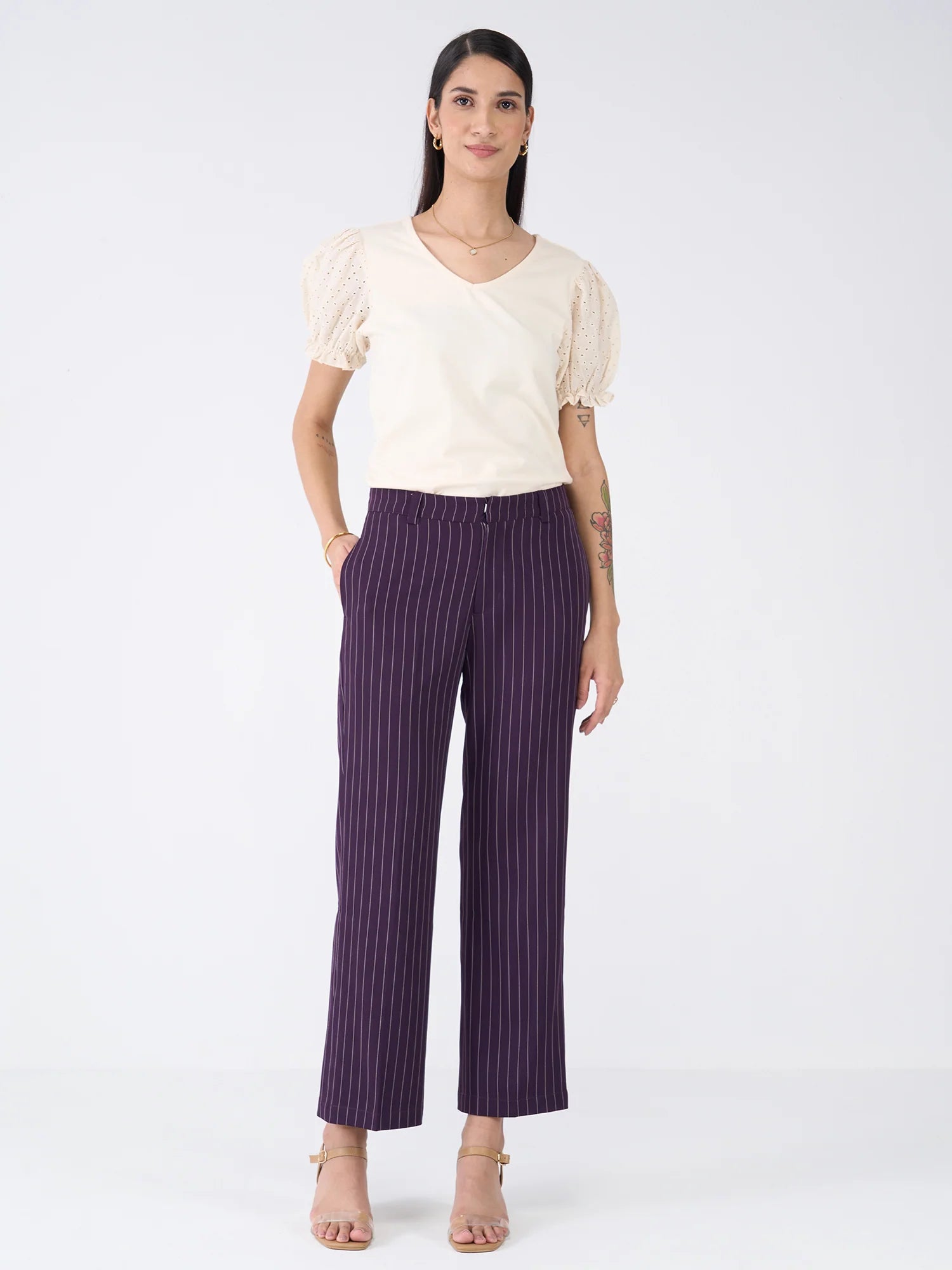 Tirana Striped Mid Rise Straight Trousers-Purple/White