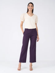 Tirana Striped Mid Rise Straight Trousers-Purple/White