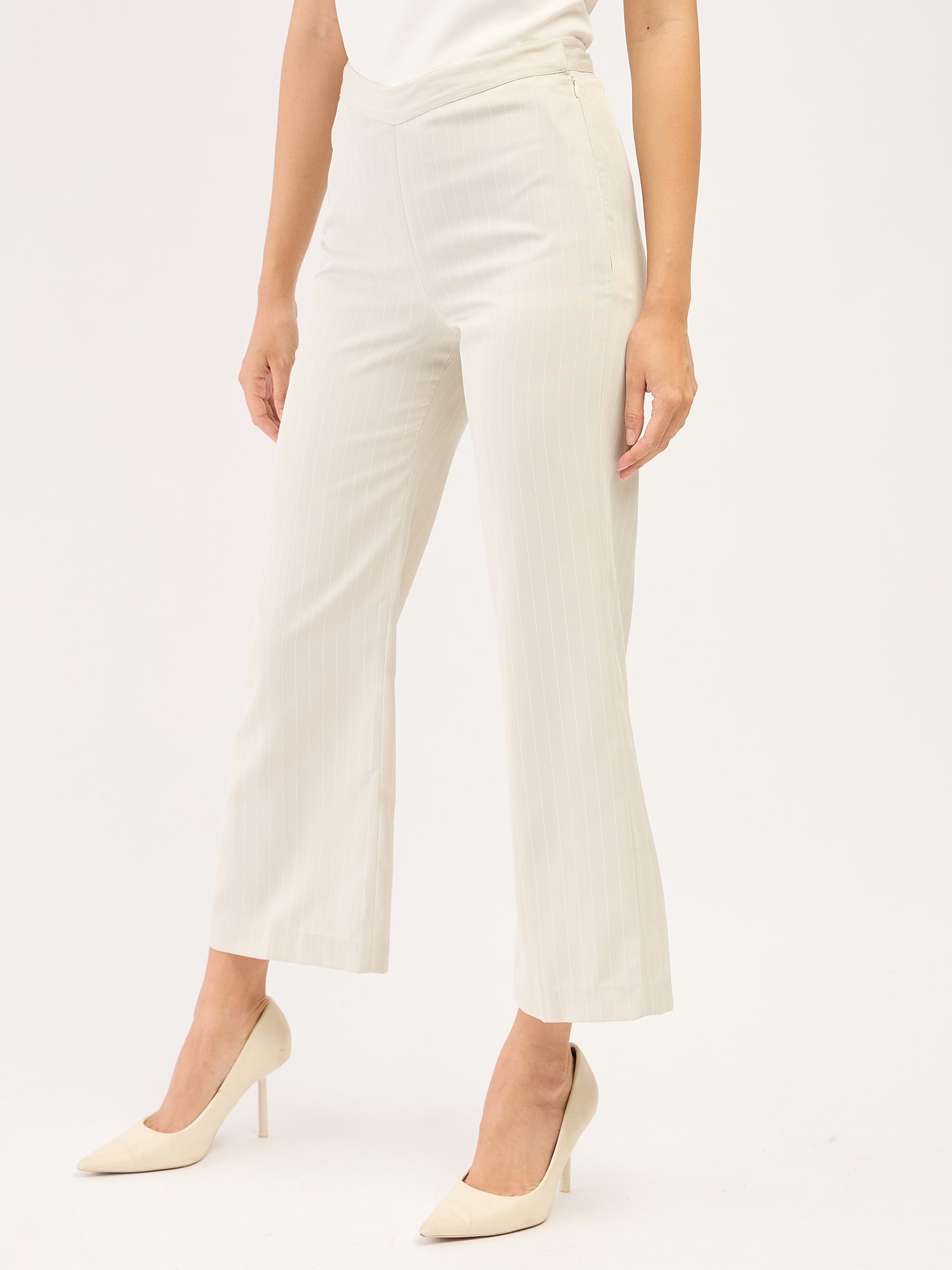 Liberal-Off White Stripes Striped Formal Side Zip Pant - Off White &amp; White