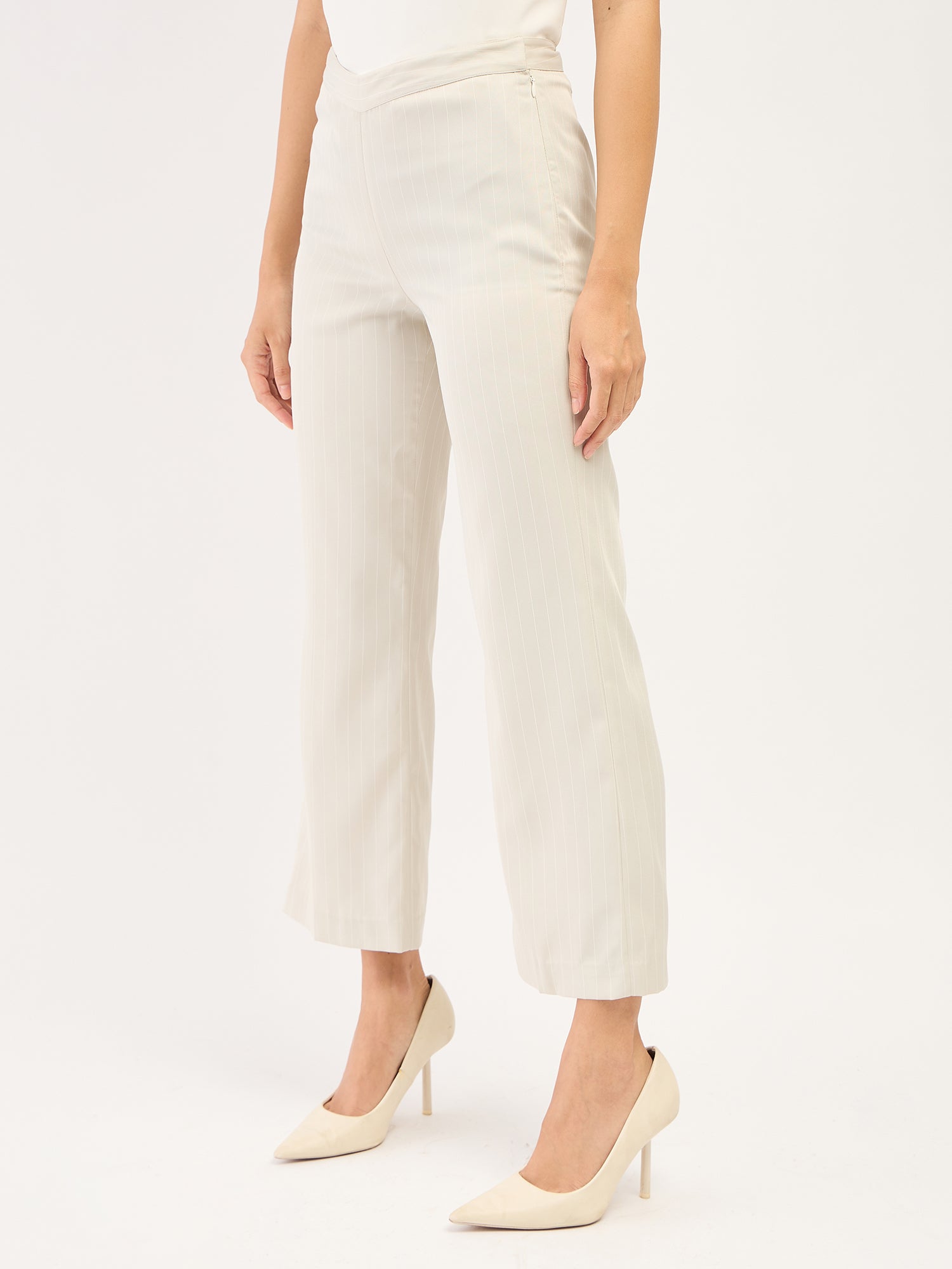 Liberal-Off White Stripes Striped Formal Side Zip Pant - Off White & White