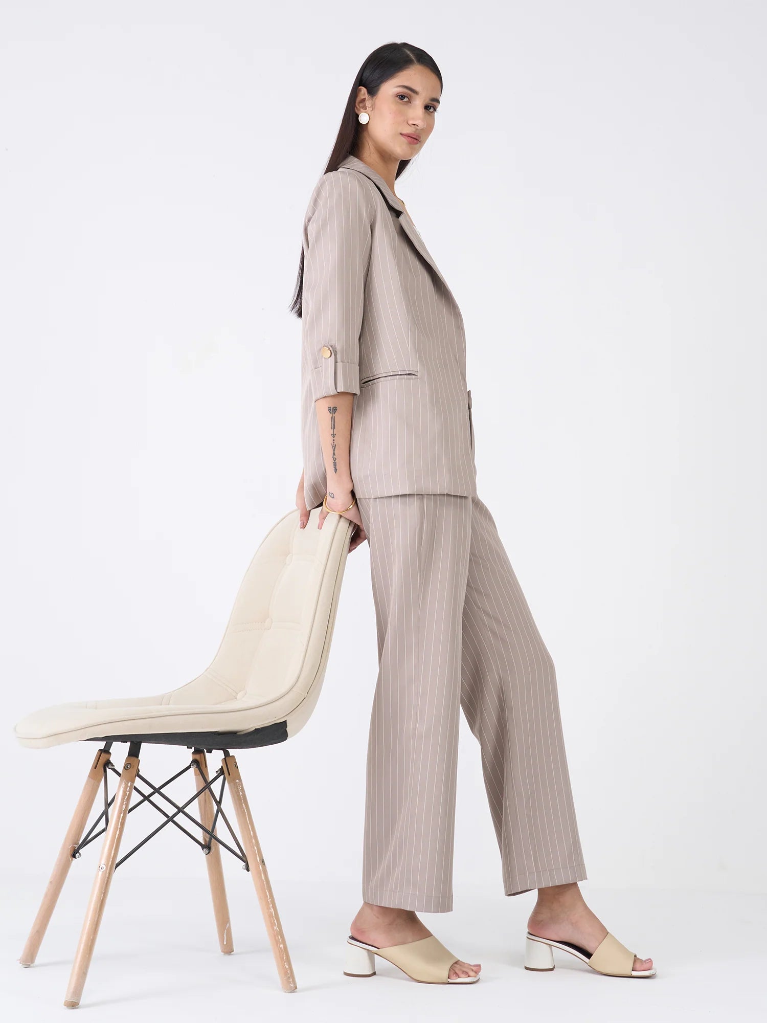 Tirana Striped Mid Rise Straight Trousers-Taupe/White