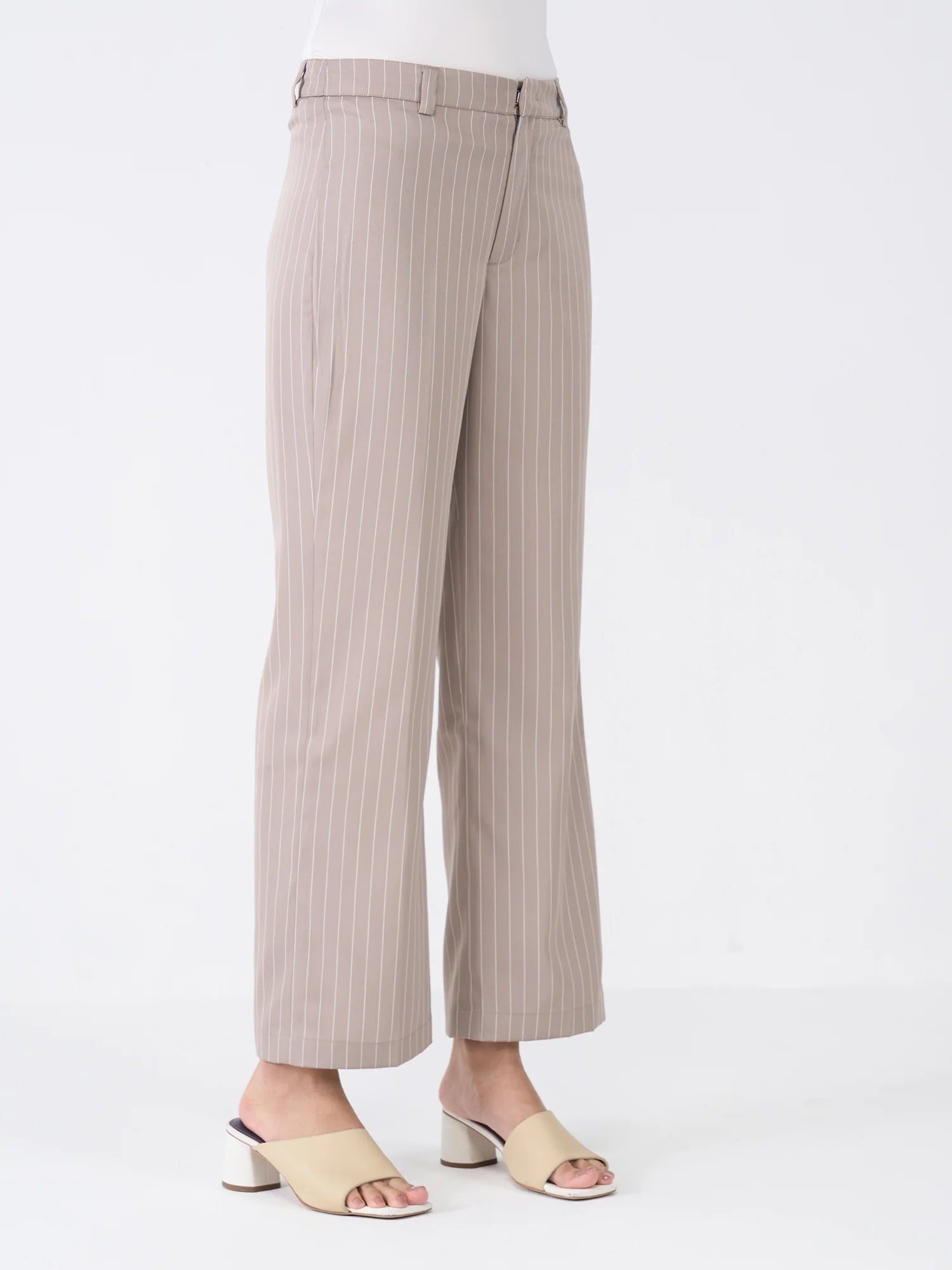 Tirana Striped Mid Rise Straight Trousers-Taupe/White