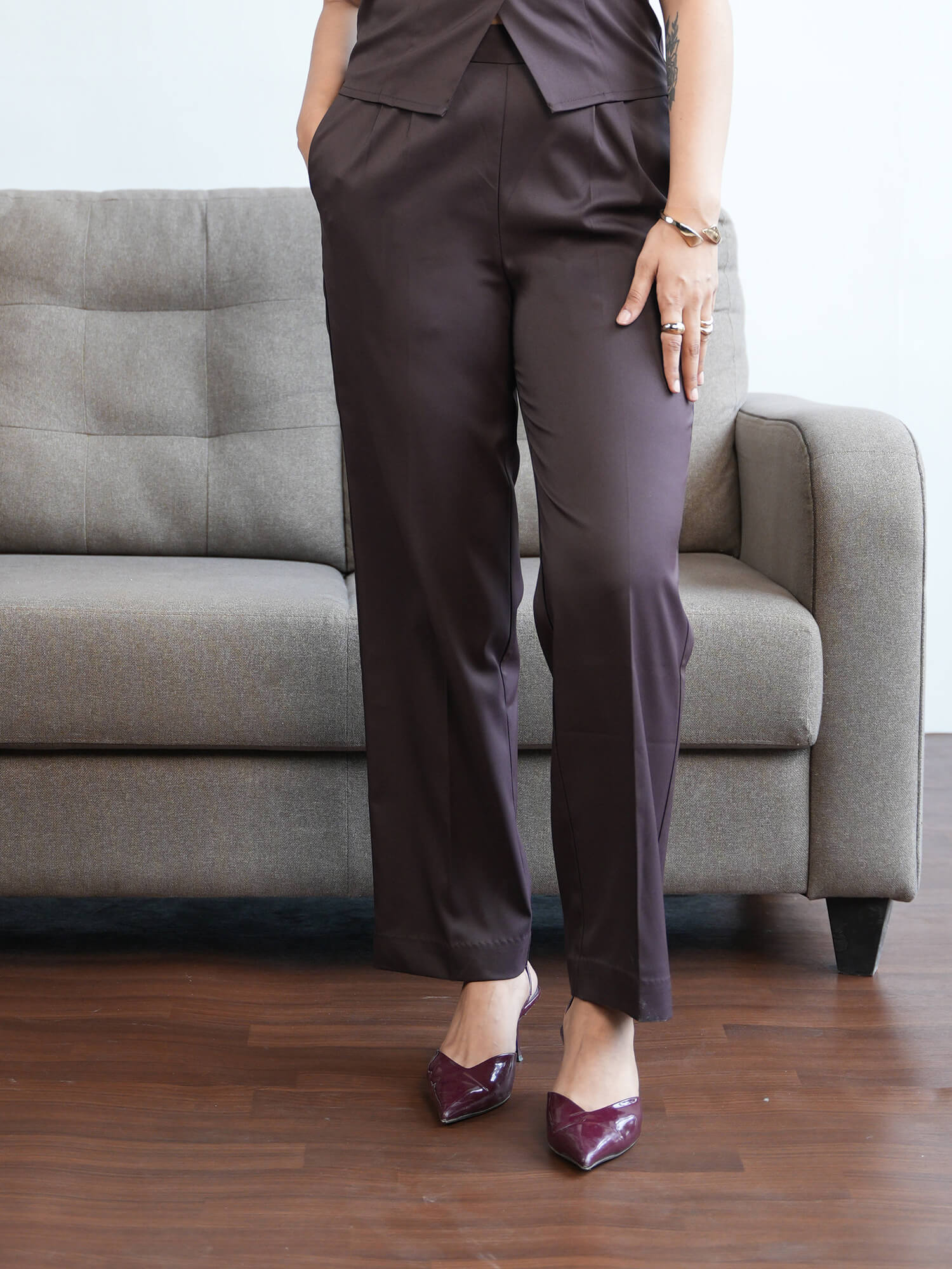 Cairen Pleated Pull-on Pants-Chocolate Brown