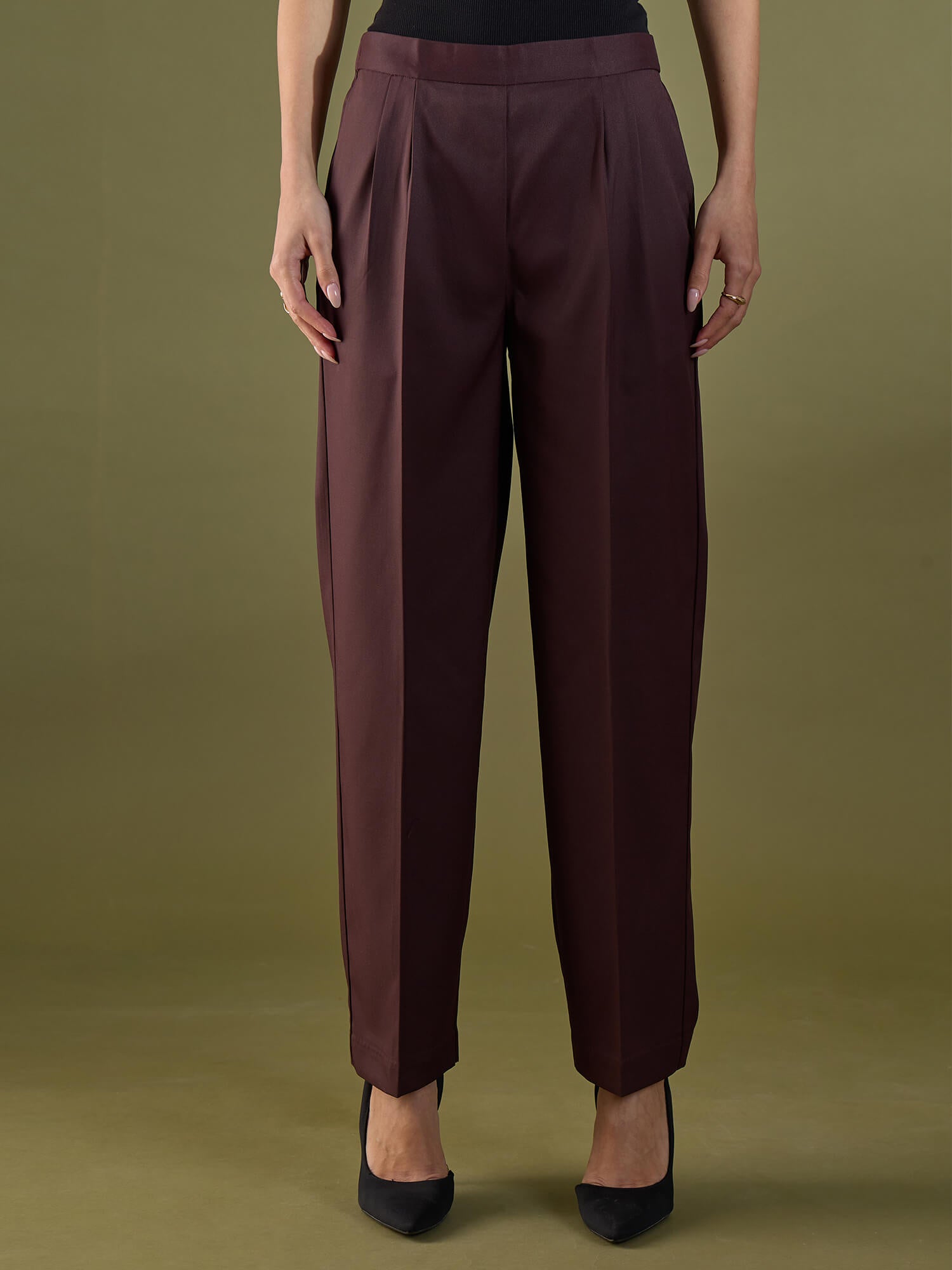 Cairen Pleated Pull-on Pants-Chocolate Brown