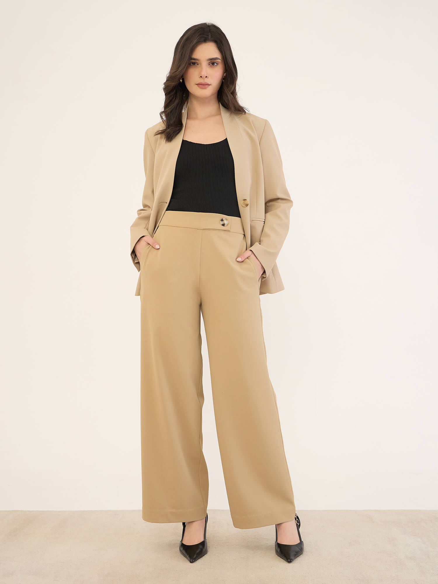 Malley High Rise Wide Leg Pants -Beige