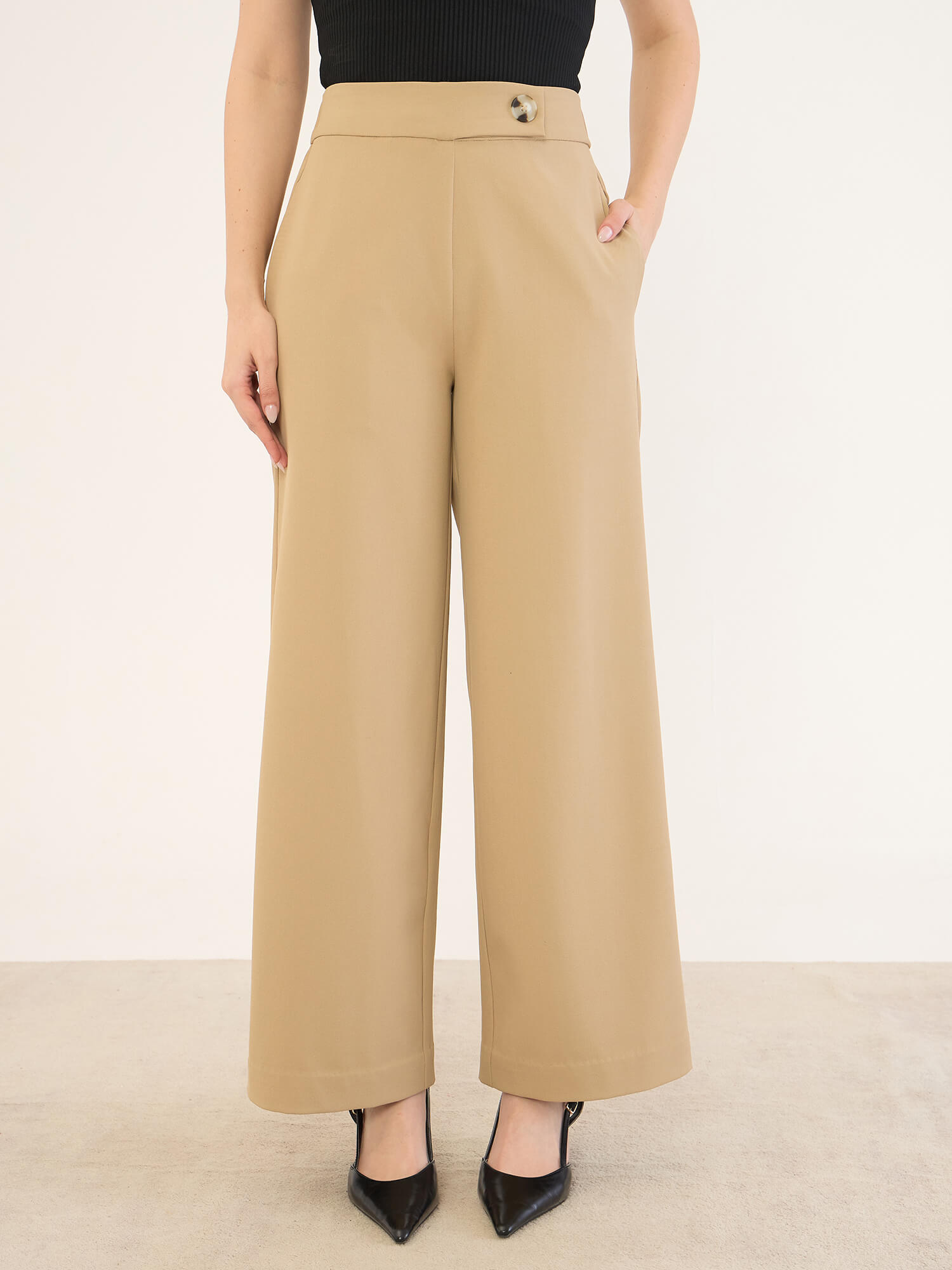 Malley High Rise Wide Leg Pants -Beige