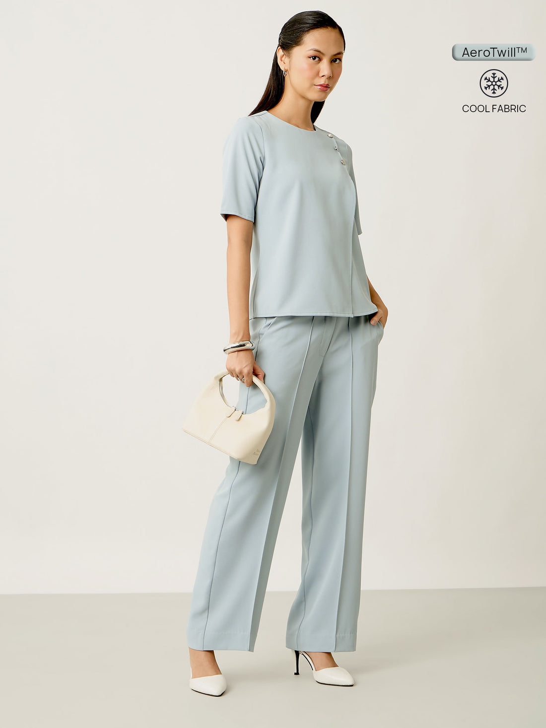 Isla Straight Fit Pants With Button Tab Detailing-Slate Blue