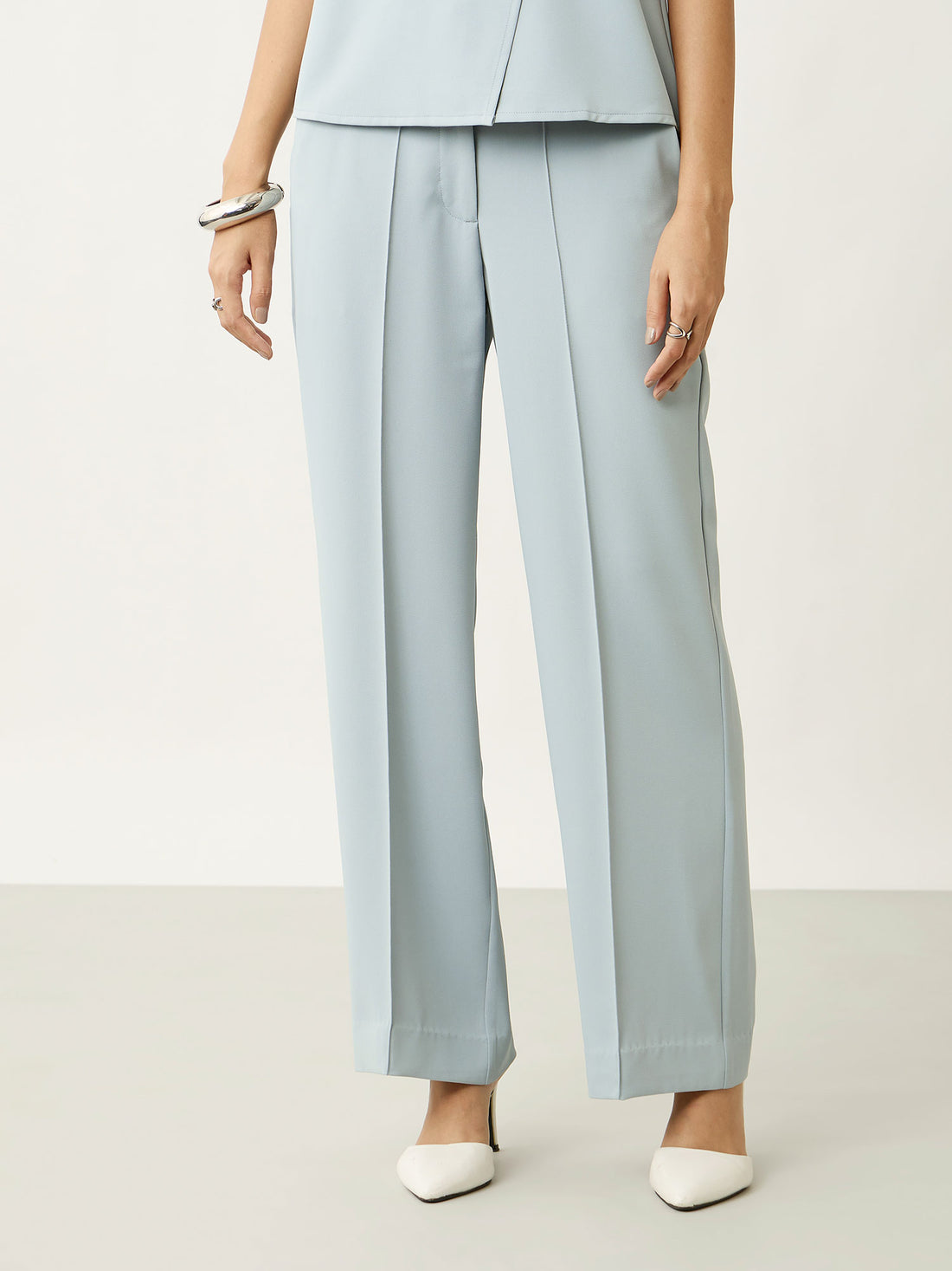 Isla Straight Fit Pants With Button Tab Detailing-Slate Blue