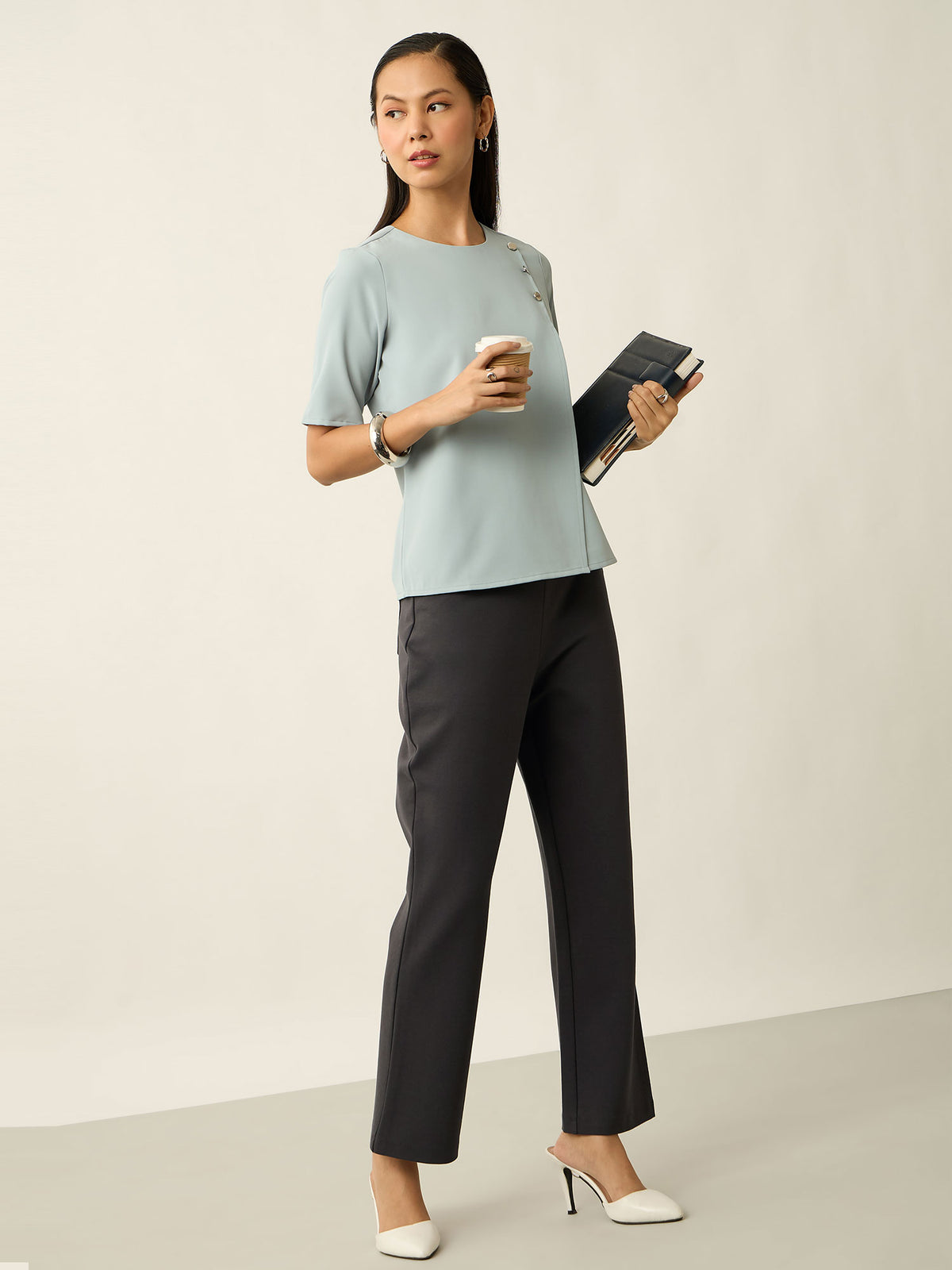 Cary Tab Detail Ponte Pants-Grey