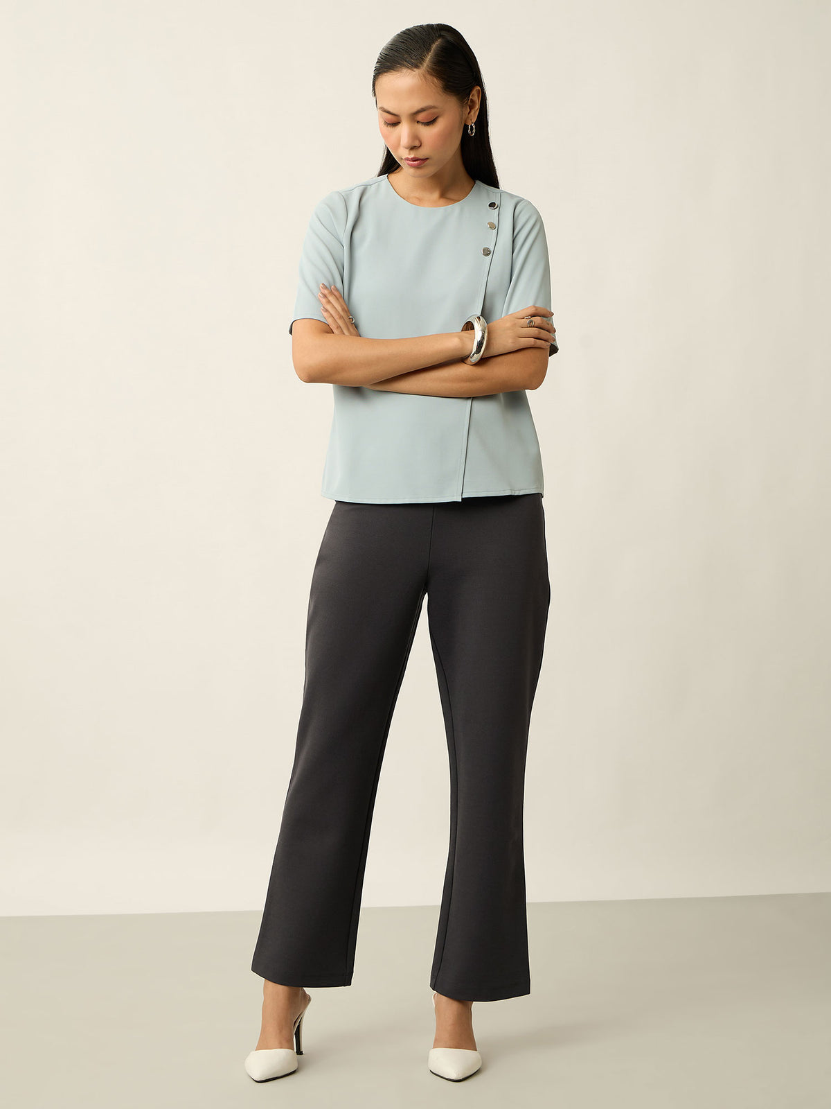 Cary Tab Detail Ponte Pants-Grey