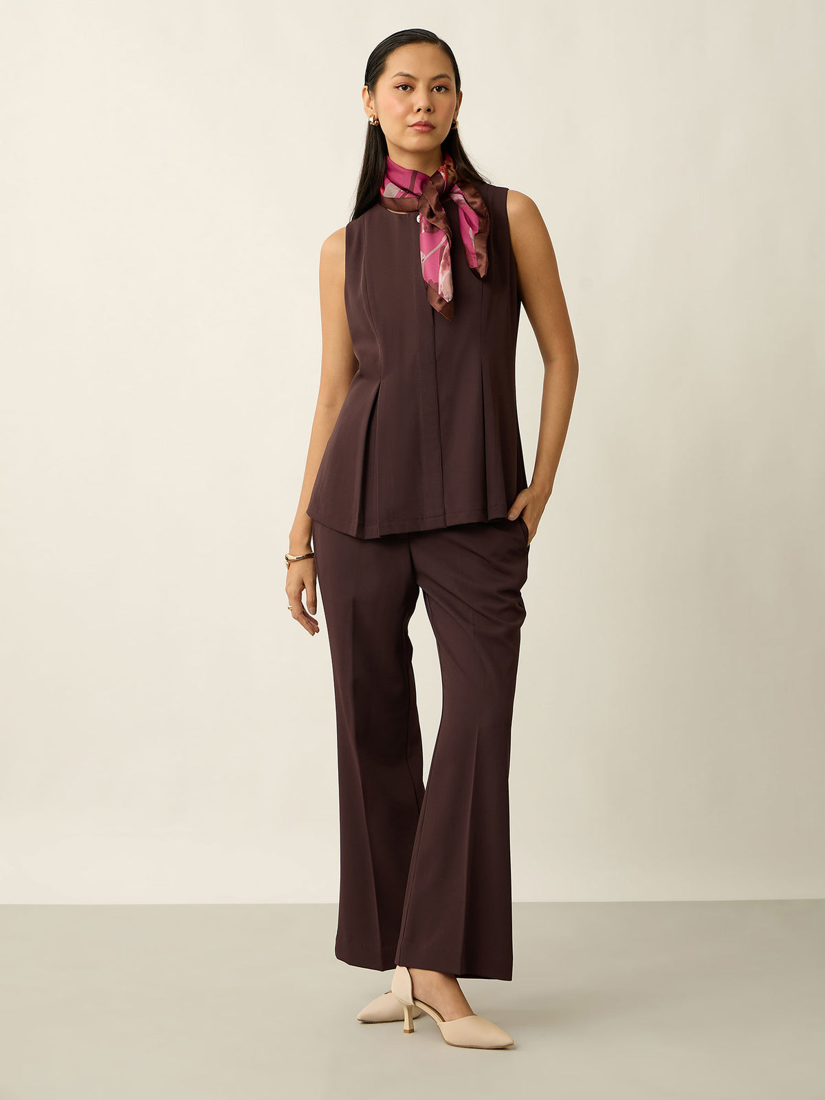 Courteous Flared Mid Rise Pants-Brown