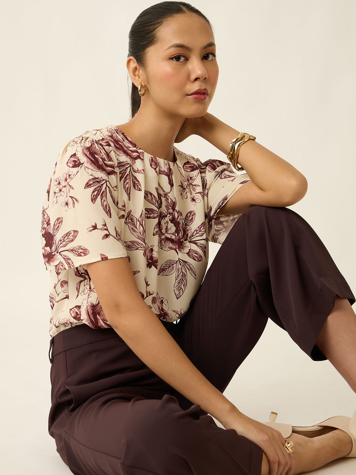 Courteous Flared Mid Rise Pants-Brown
