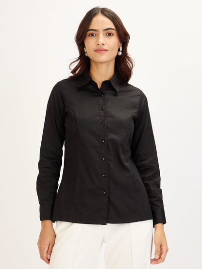 Perfect-Black Princess Seam Contrast Detail Shirt - Black