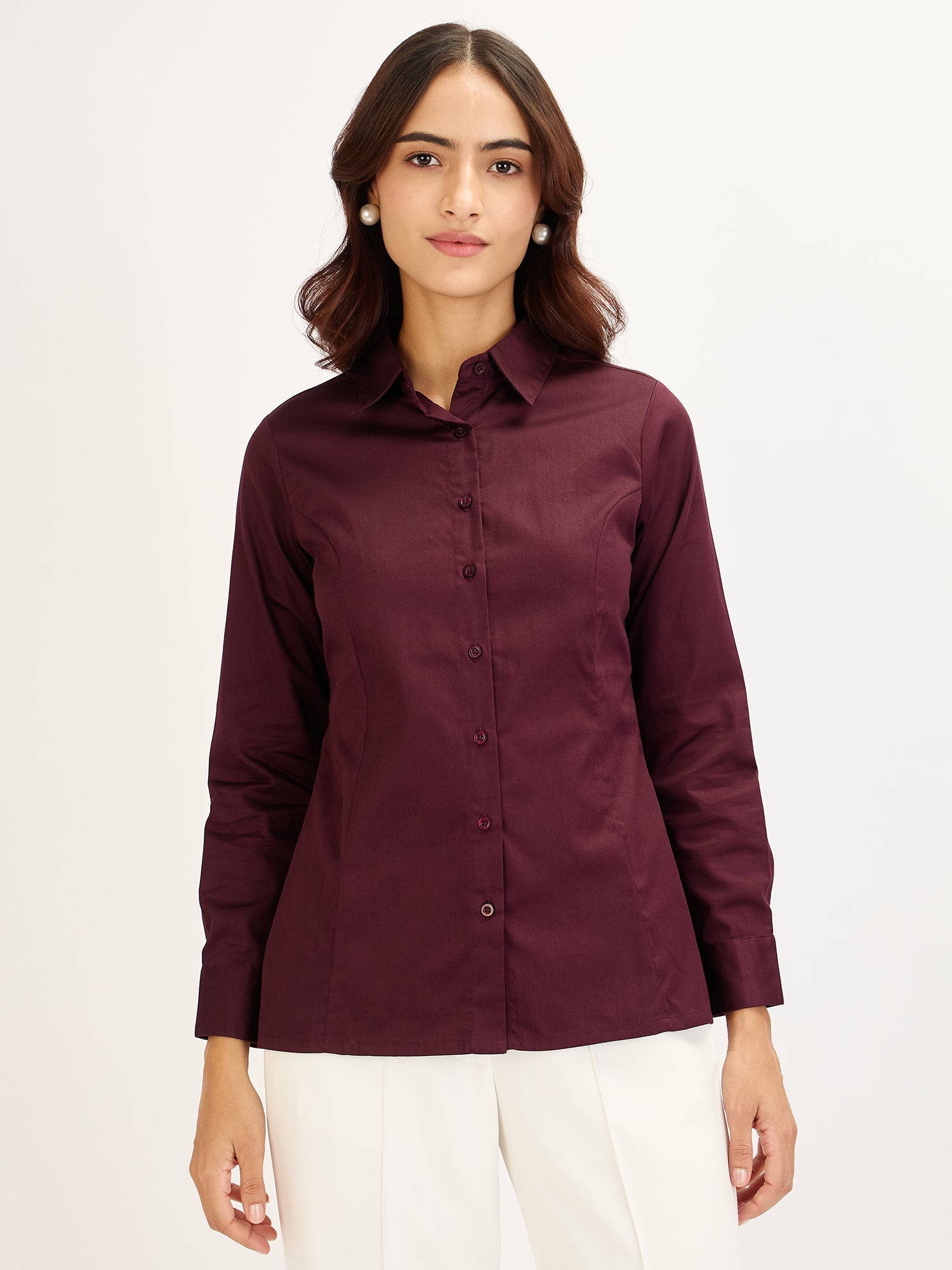 Perfect-Plum Princess Seam Contrast Detail Shirt - Plum