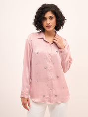 Champagne Night Embellished Button Down Shirt-Blush Pink