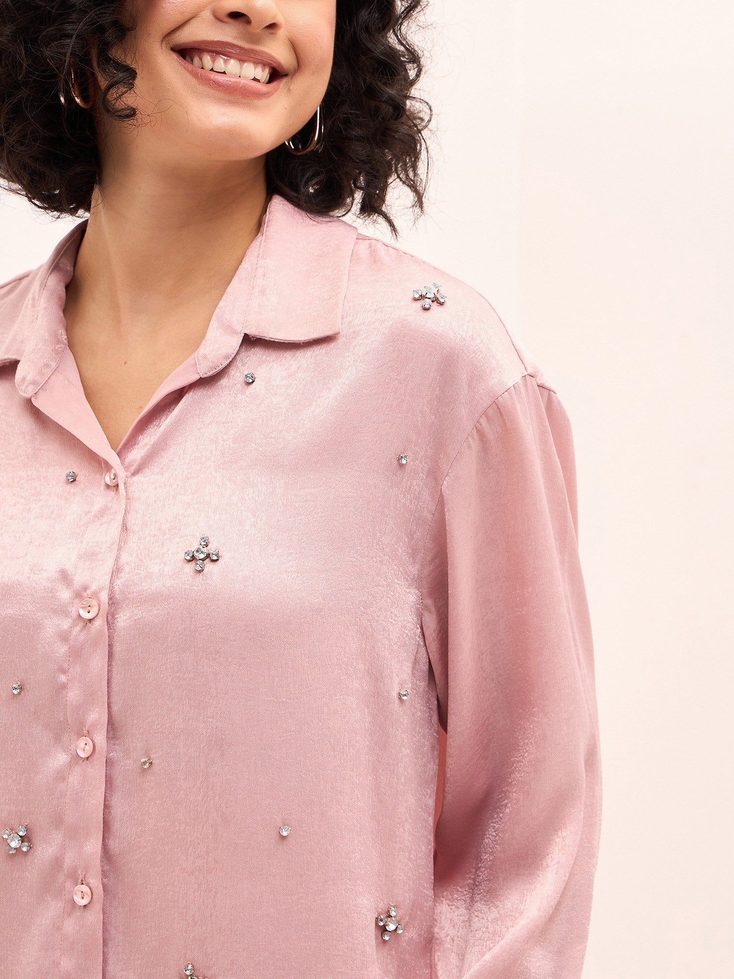 Champagne Night Embellished Button Down Shirt-Blush Pink