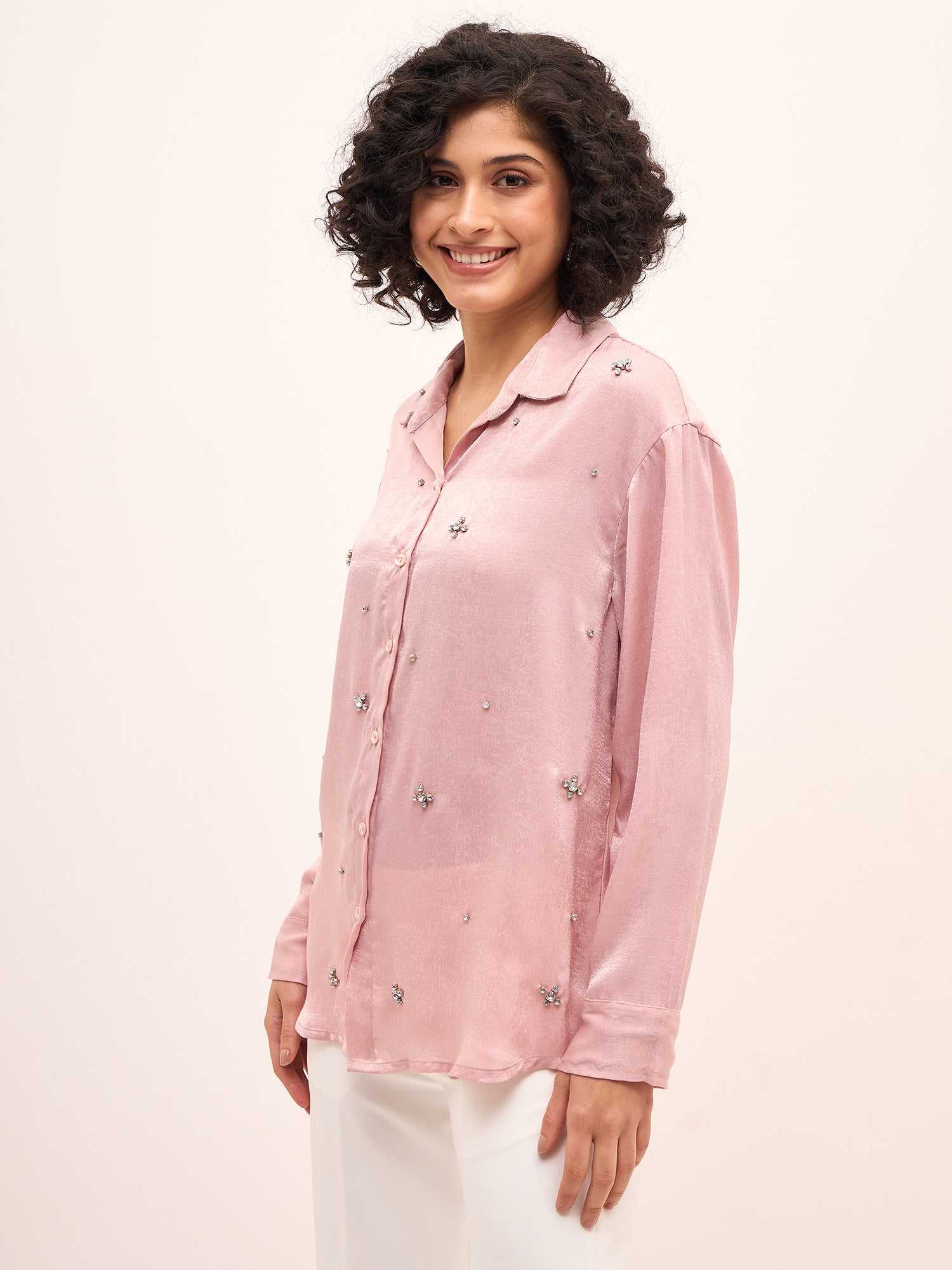 Champagne Night Embellished Button Down Shirt-Blush Pink