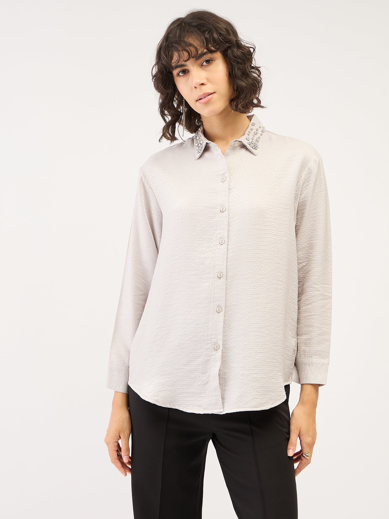 Starstruck Embellished Button Down Shirt-Silver