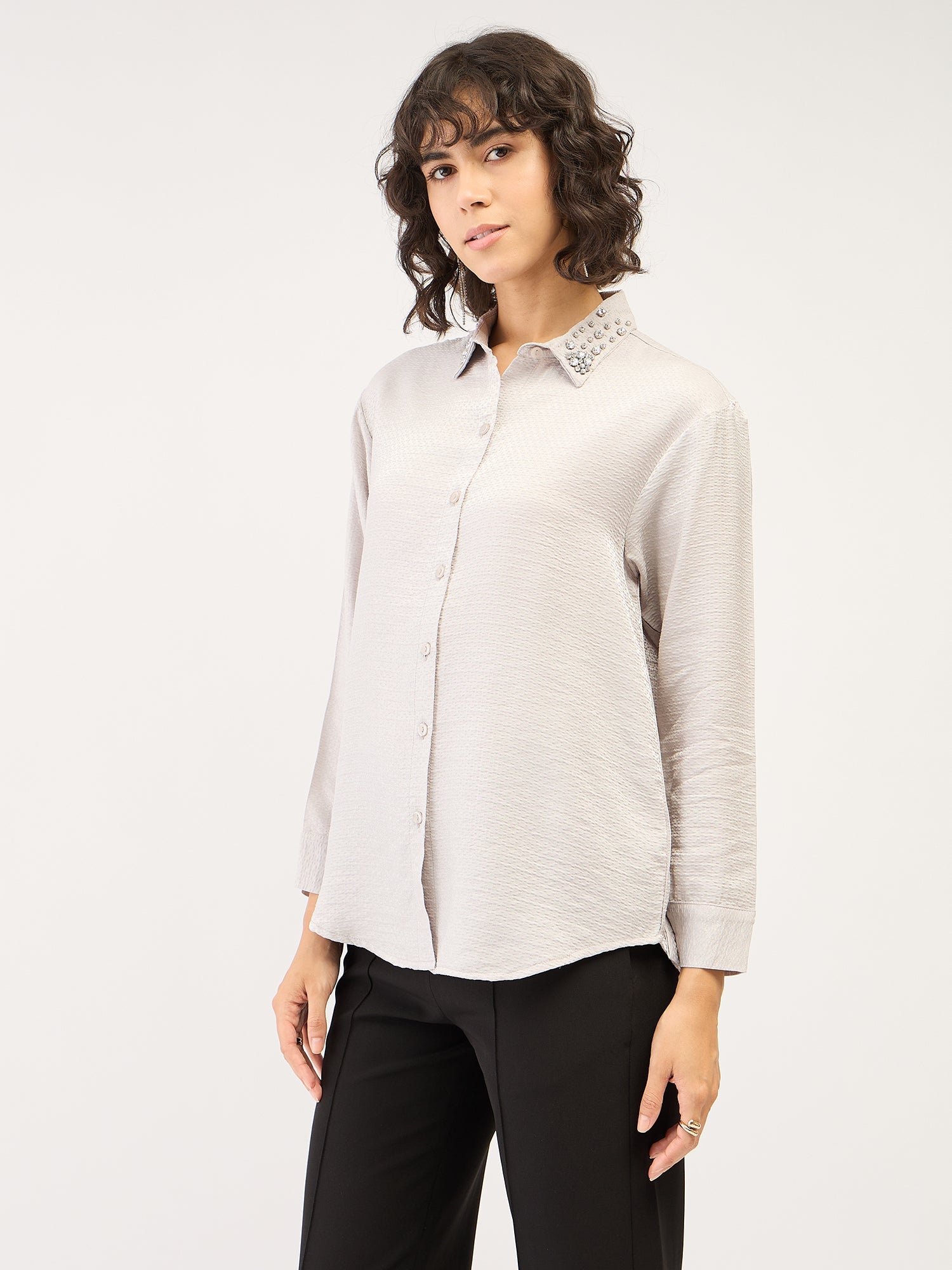 Starstruck Embellished Button Down Shirt-Silver