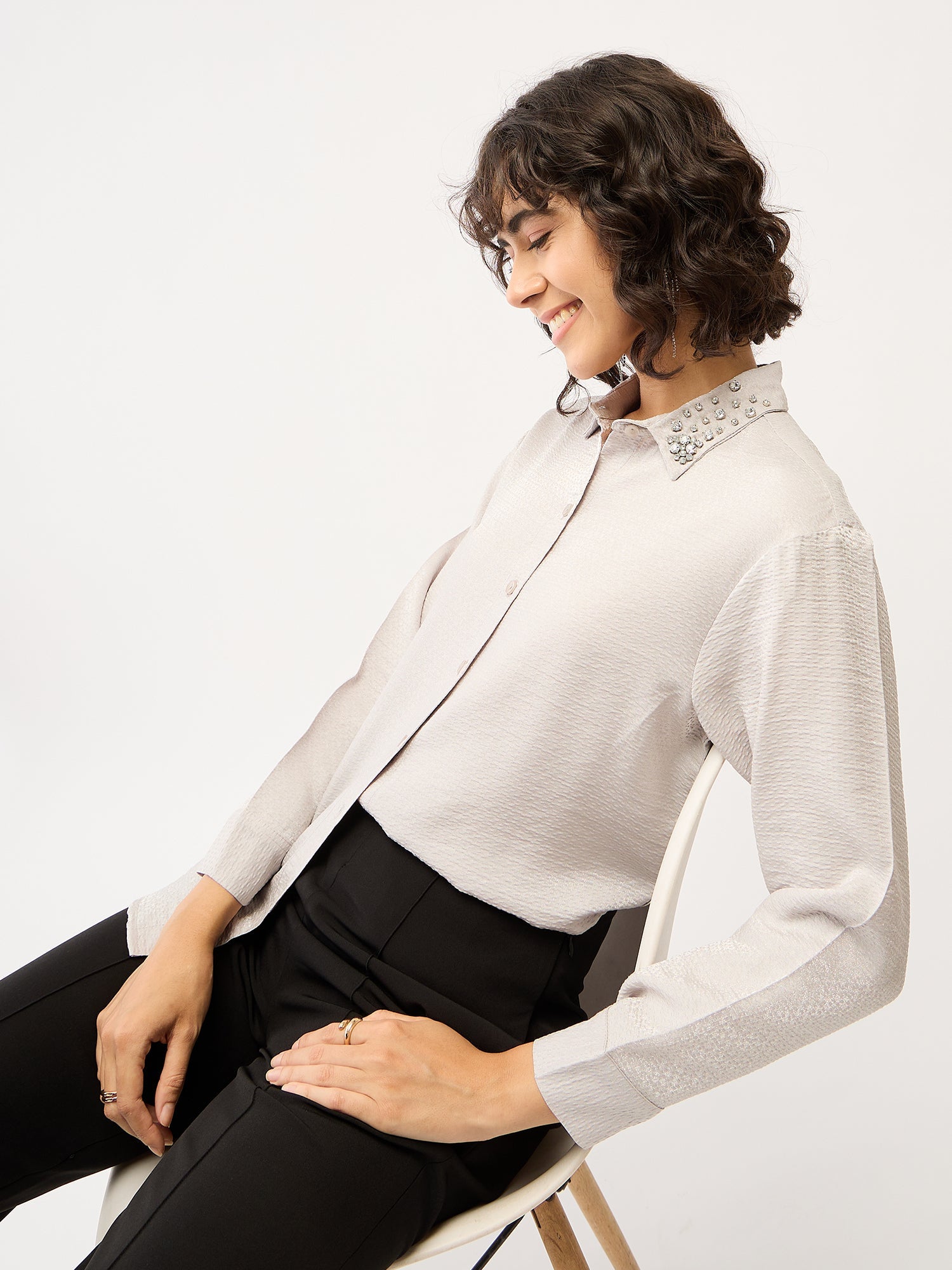 Starstruck Embellished Button Down Shirt-Silver