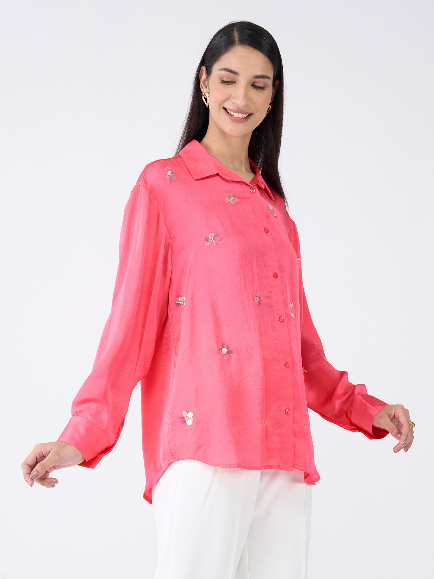 Confetti Embellished Button Down Shirt-Pink