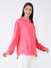 Confetti Embellished Button Down Shirt-Pink