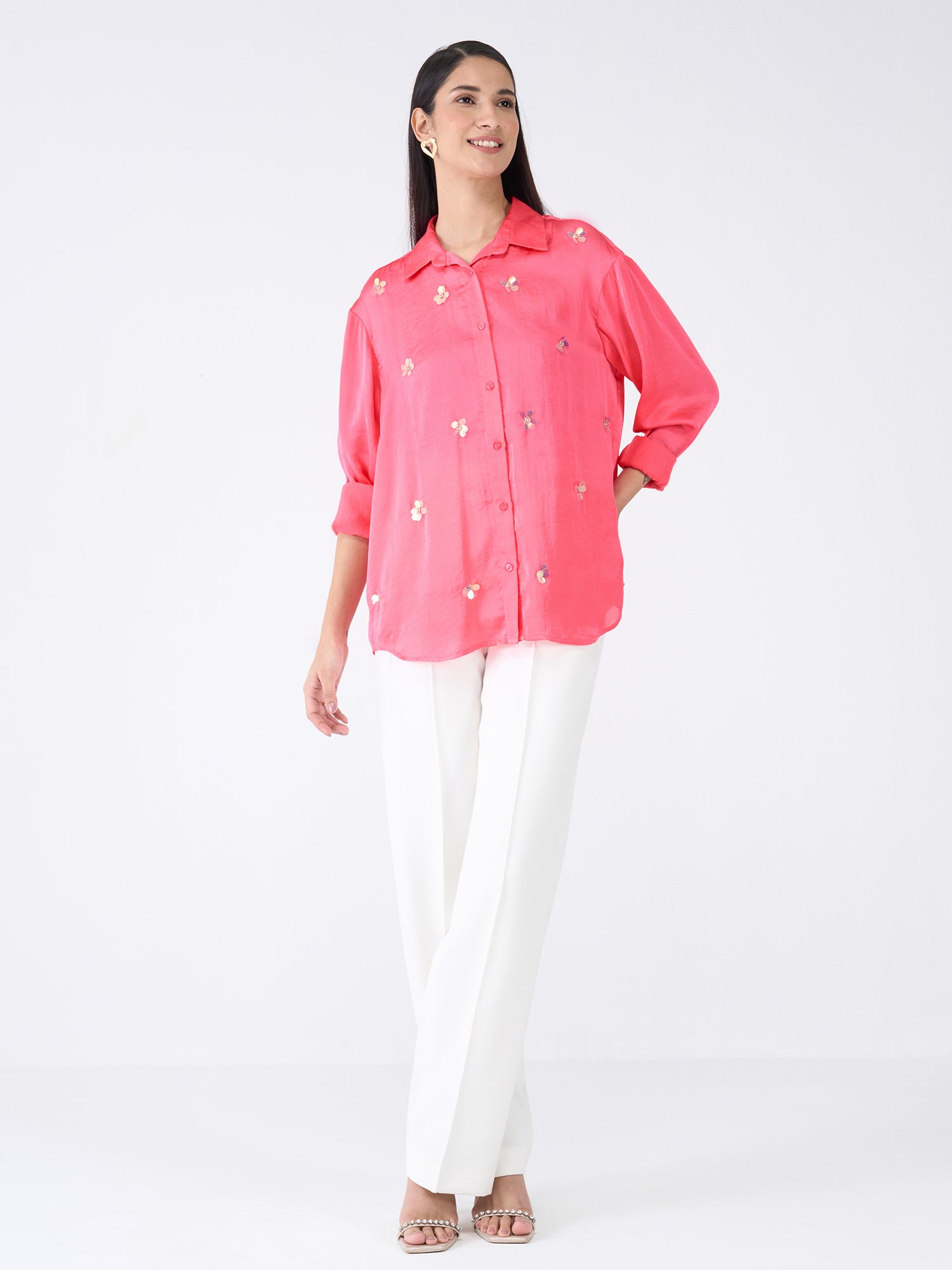 Confetti Embellished Button Down Shirt-Pink