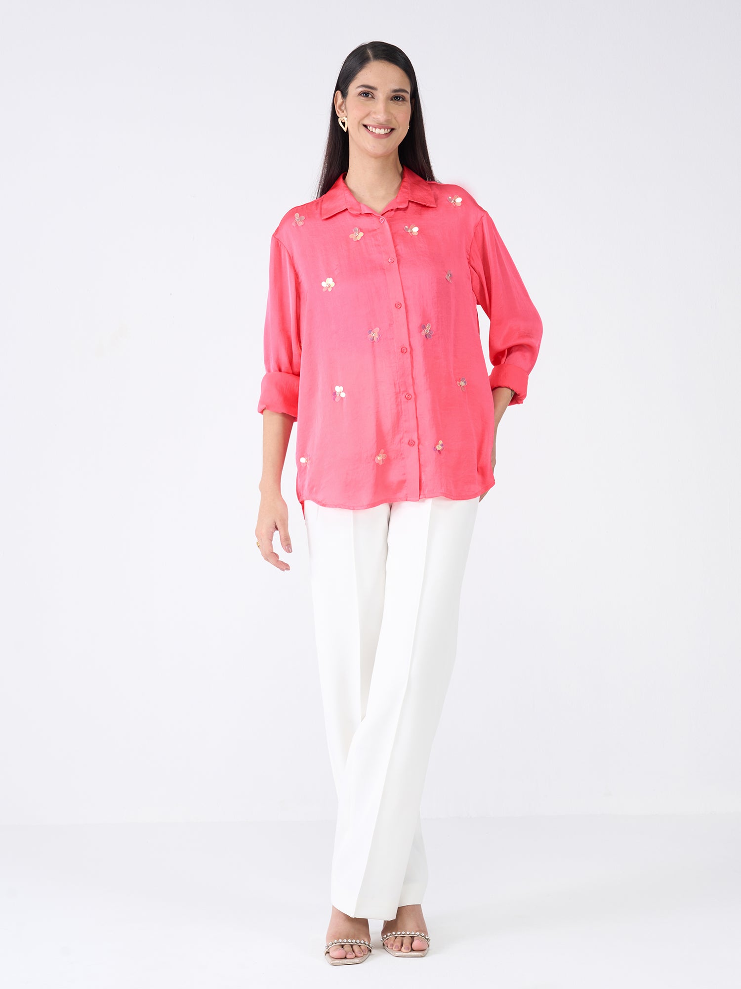 Confetti Embellished Button Down Shirt-Pink