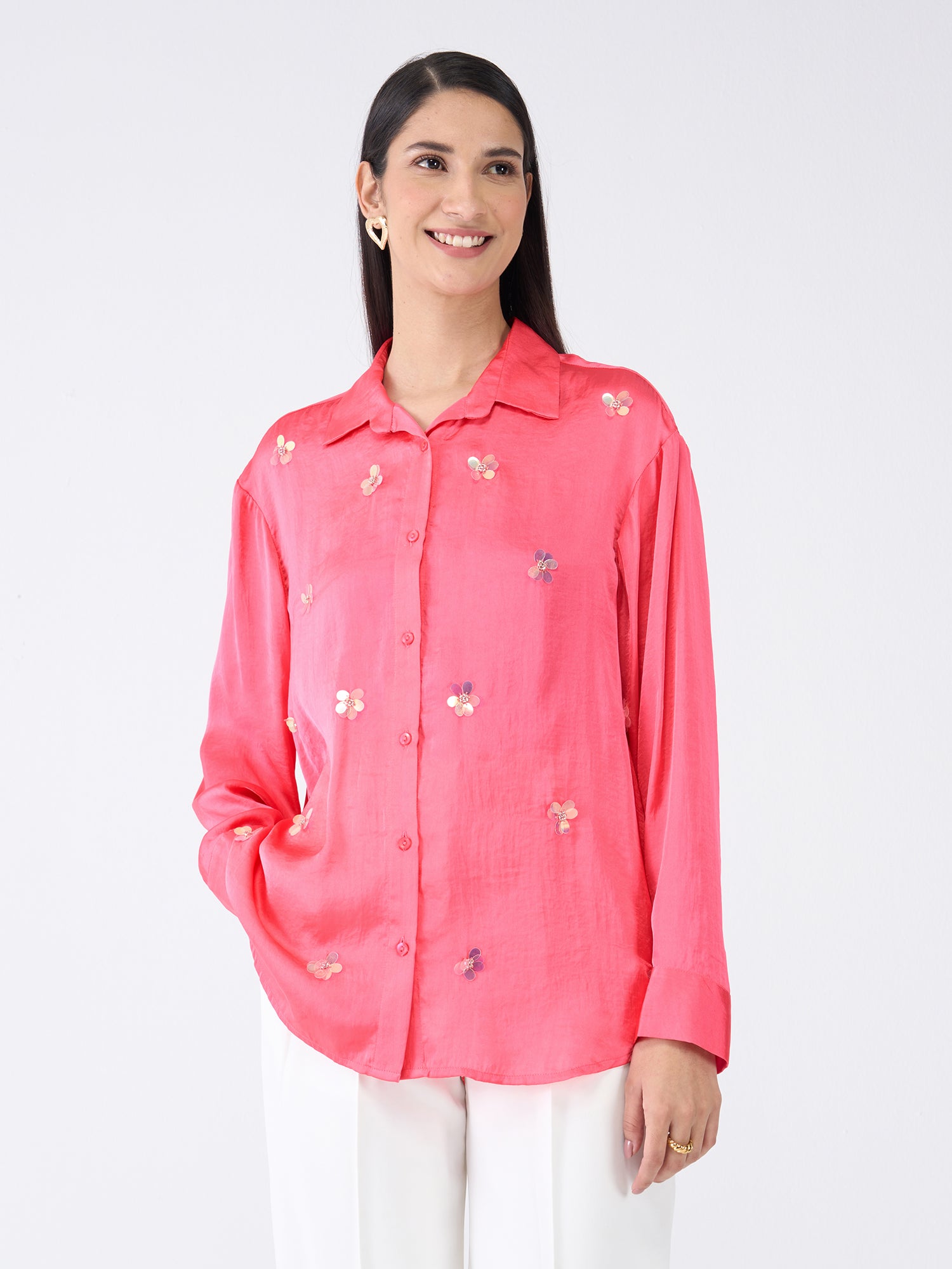 Confetti Embellished Button Down Shirt-Pink