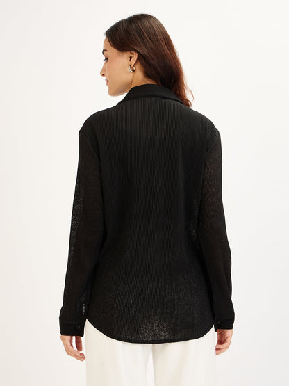 Wren Plisse Button Down Shirt-Black