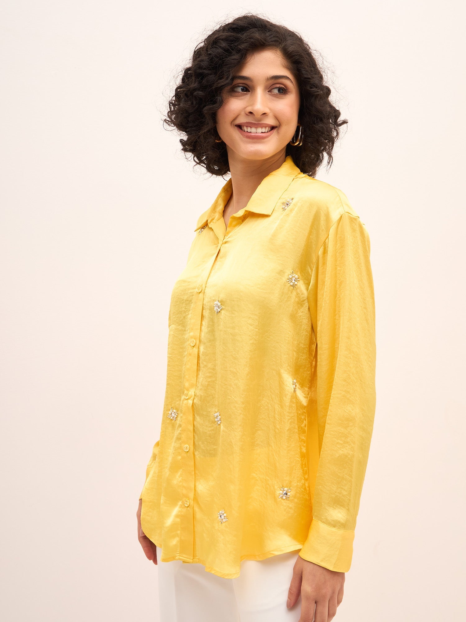 Sunstruck Embellished Button Down Shirt-Yellow