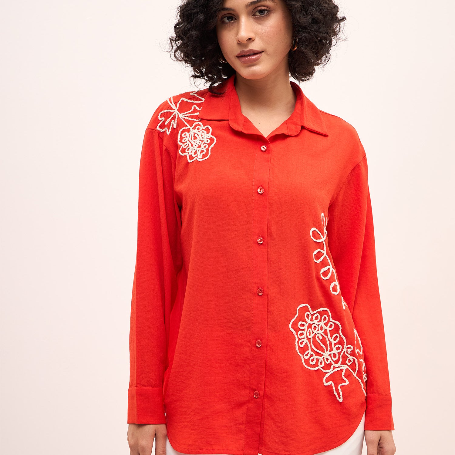 Artisanal-Tangerine Embroidered Button Down Shirt -Red