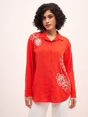 Artisanal-Tangerine Embroidered Button Down Shirt -Red