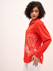 Artisanal-Tangerine Embroidered Button Down Shirt -Red