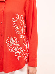 Artisanal-Tangerine Embroidered Button Down Shirt -Red