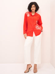 Artisanal-Tangerine Embroidered Button Down Shirt -Red