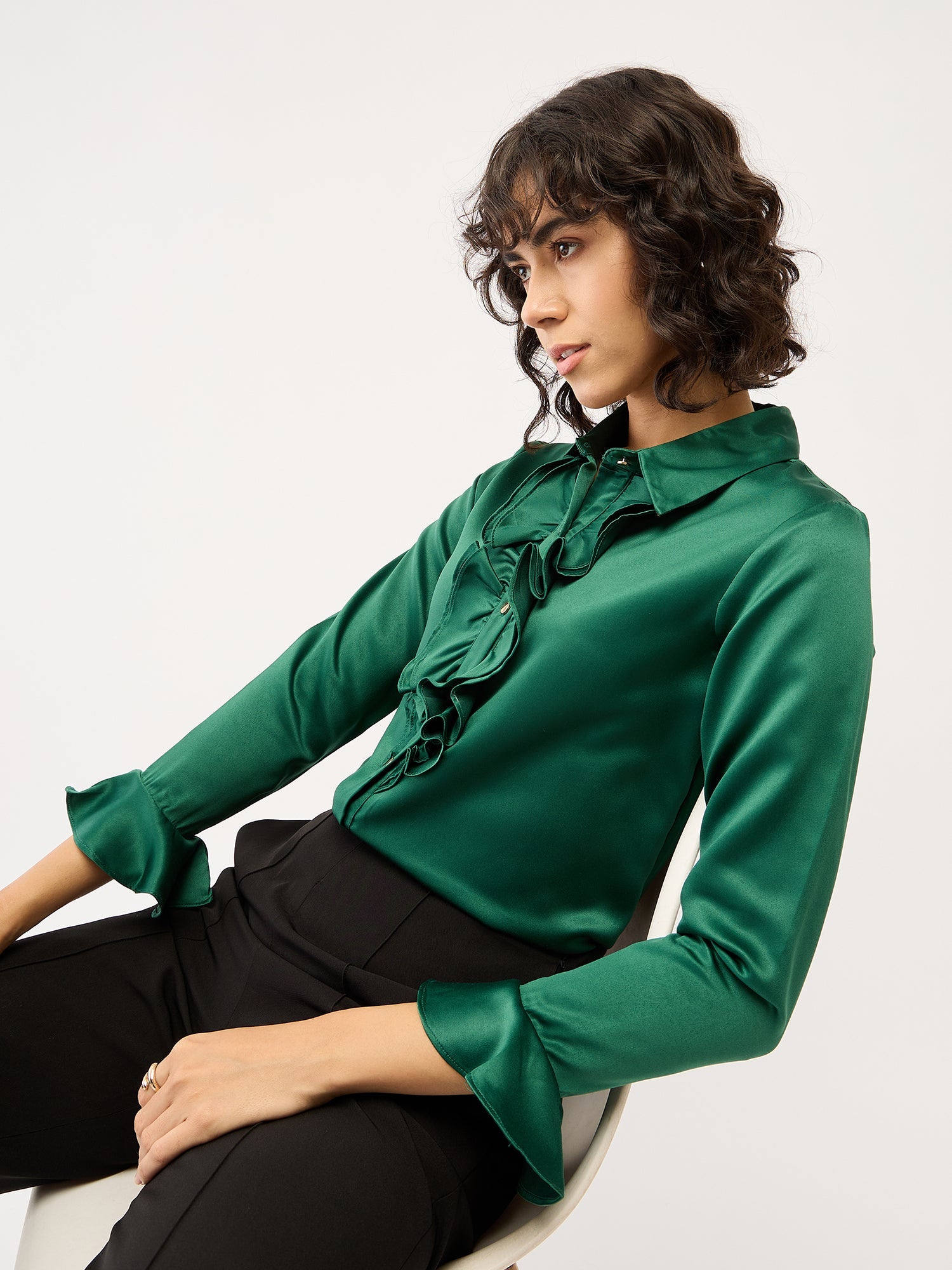 Fern Ruffled Button Down Shirt-Green