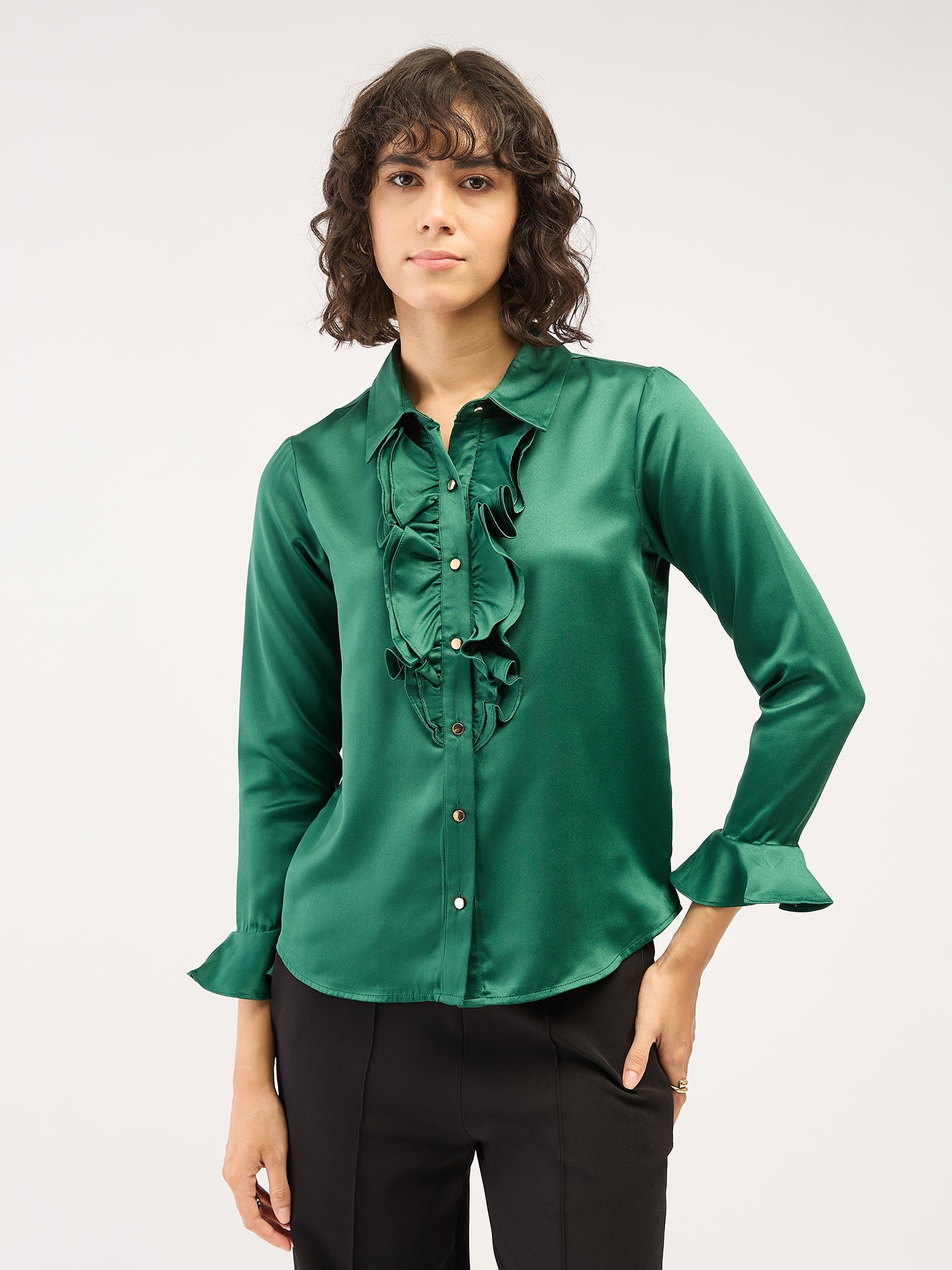 Fern Ruffled Button Down Shirt-Green