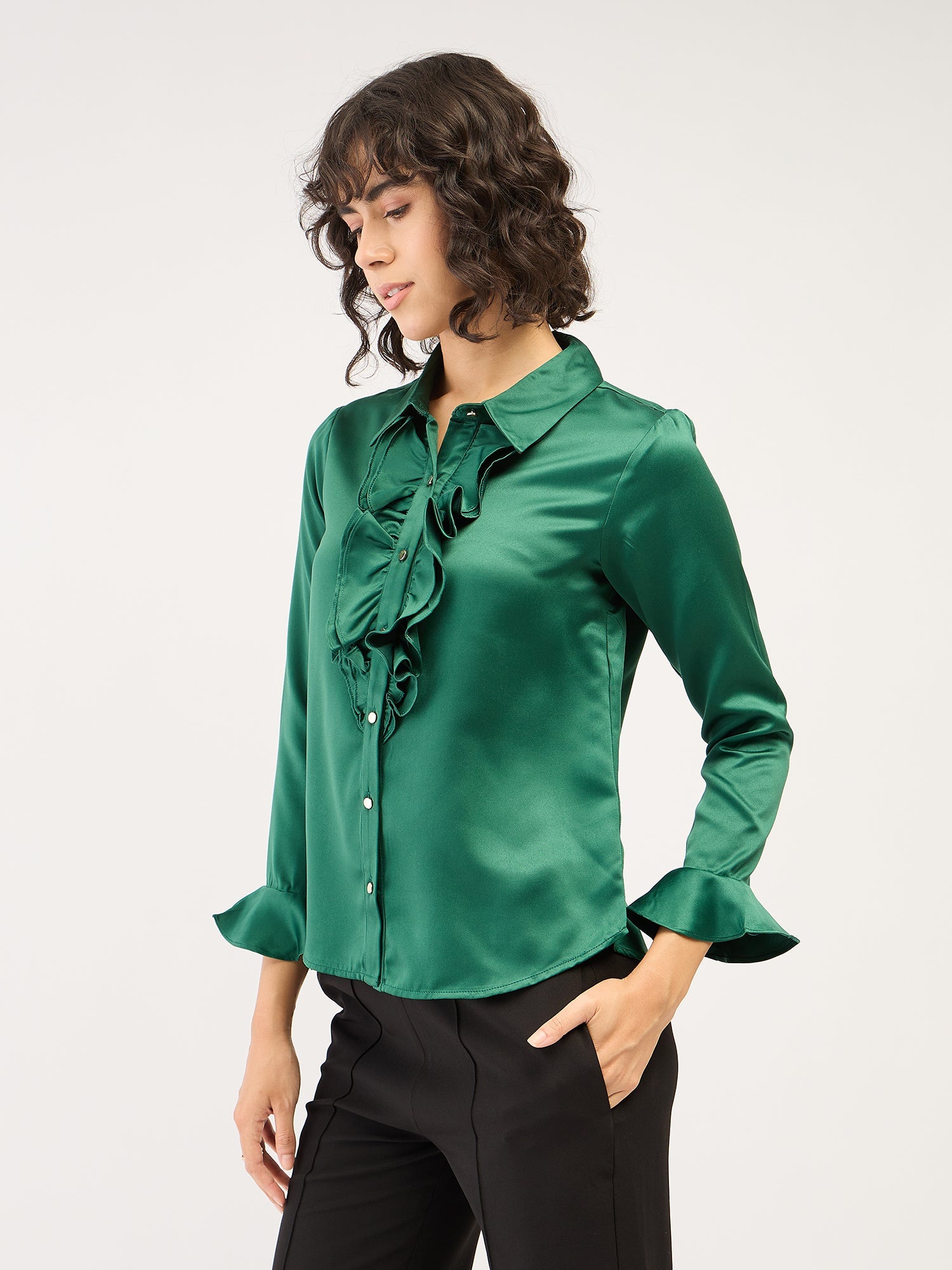 Fern Ruffled Button Down Shirt-Green