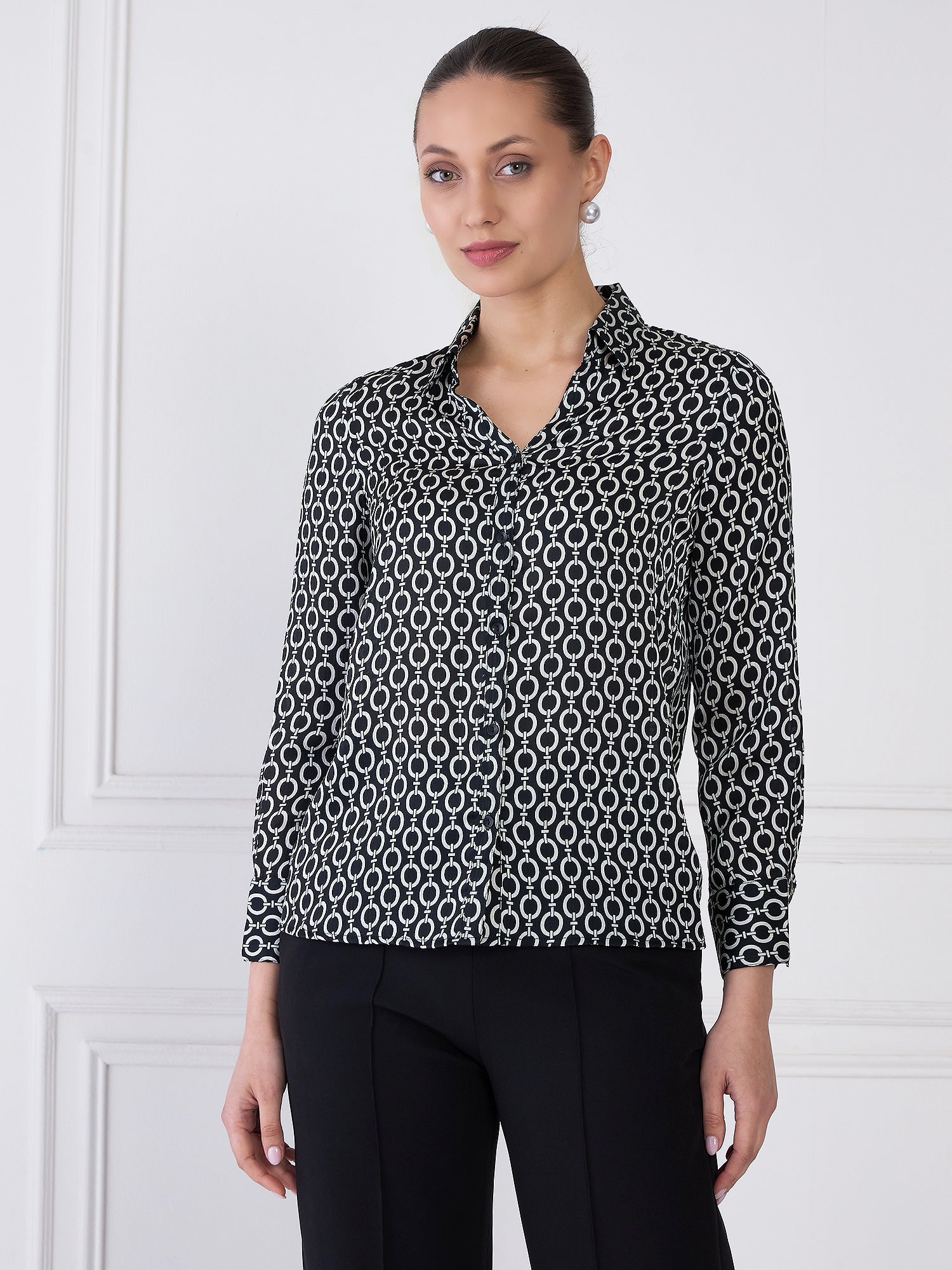 Orbit Geometric Button Down Shirt - Black & Ivory