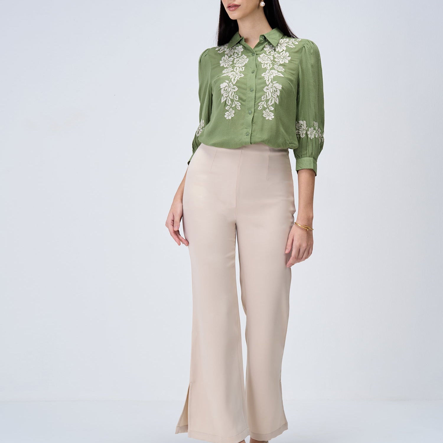 Serene Sage Embroidered Shirt - Olive & White