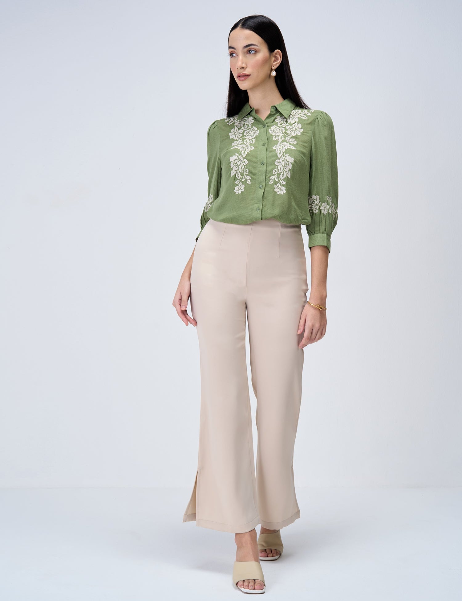 Serene Sage Embroidered Shirt - Olive & White