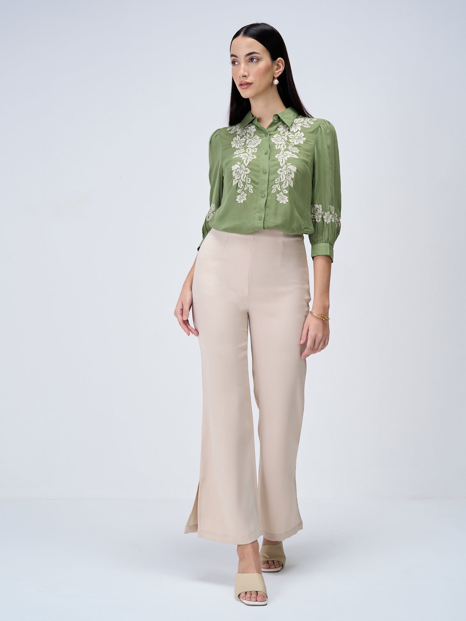 Serene Sage Embroidered Shirt - Olive & White