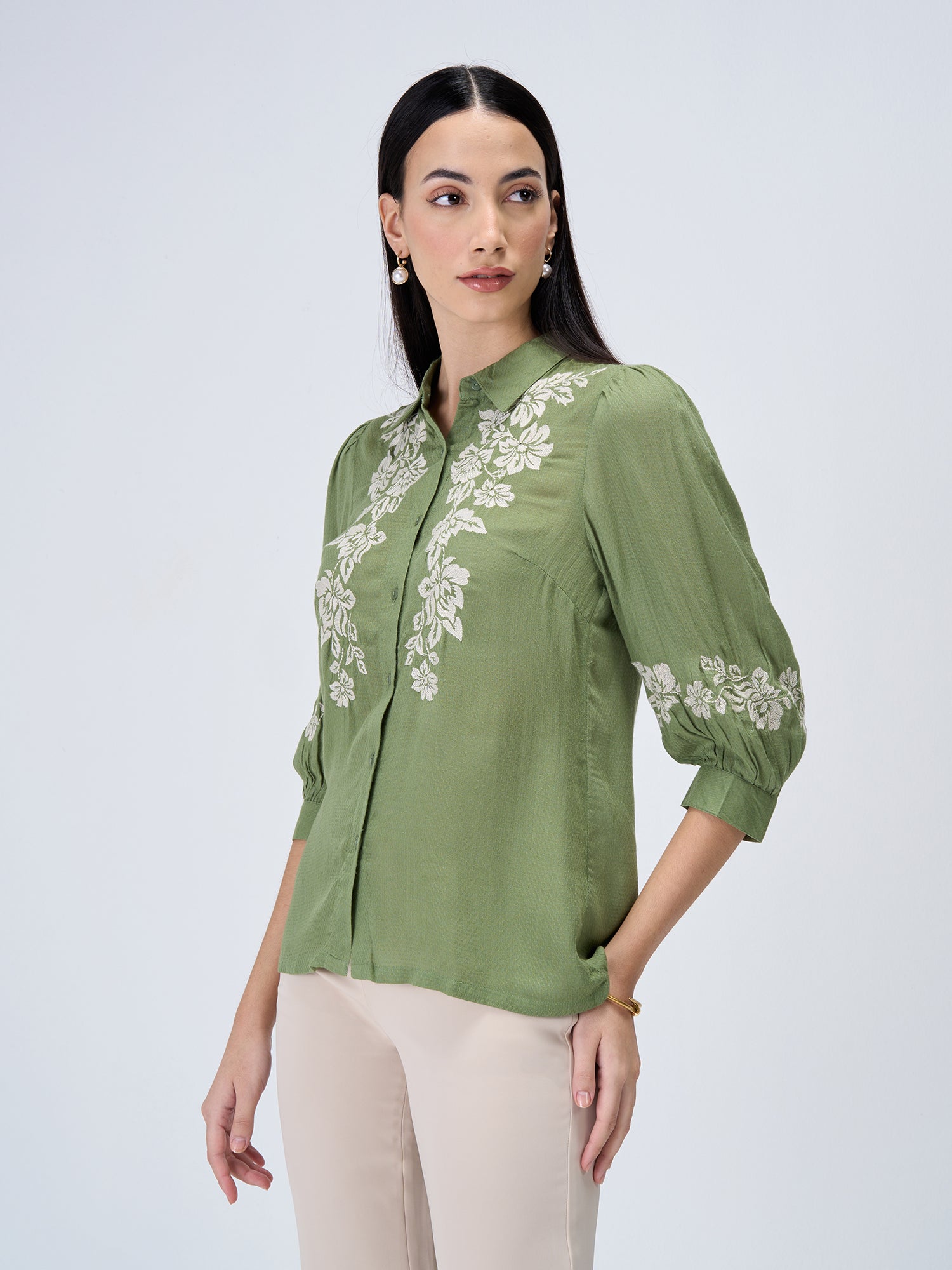 Serene Sage Embroidered Shirt - Olive &amp; White