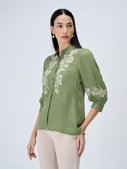 Serene Sage Embroidered Shirt - Olive &amp; White